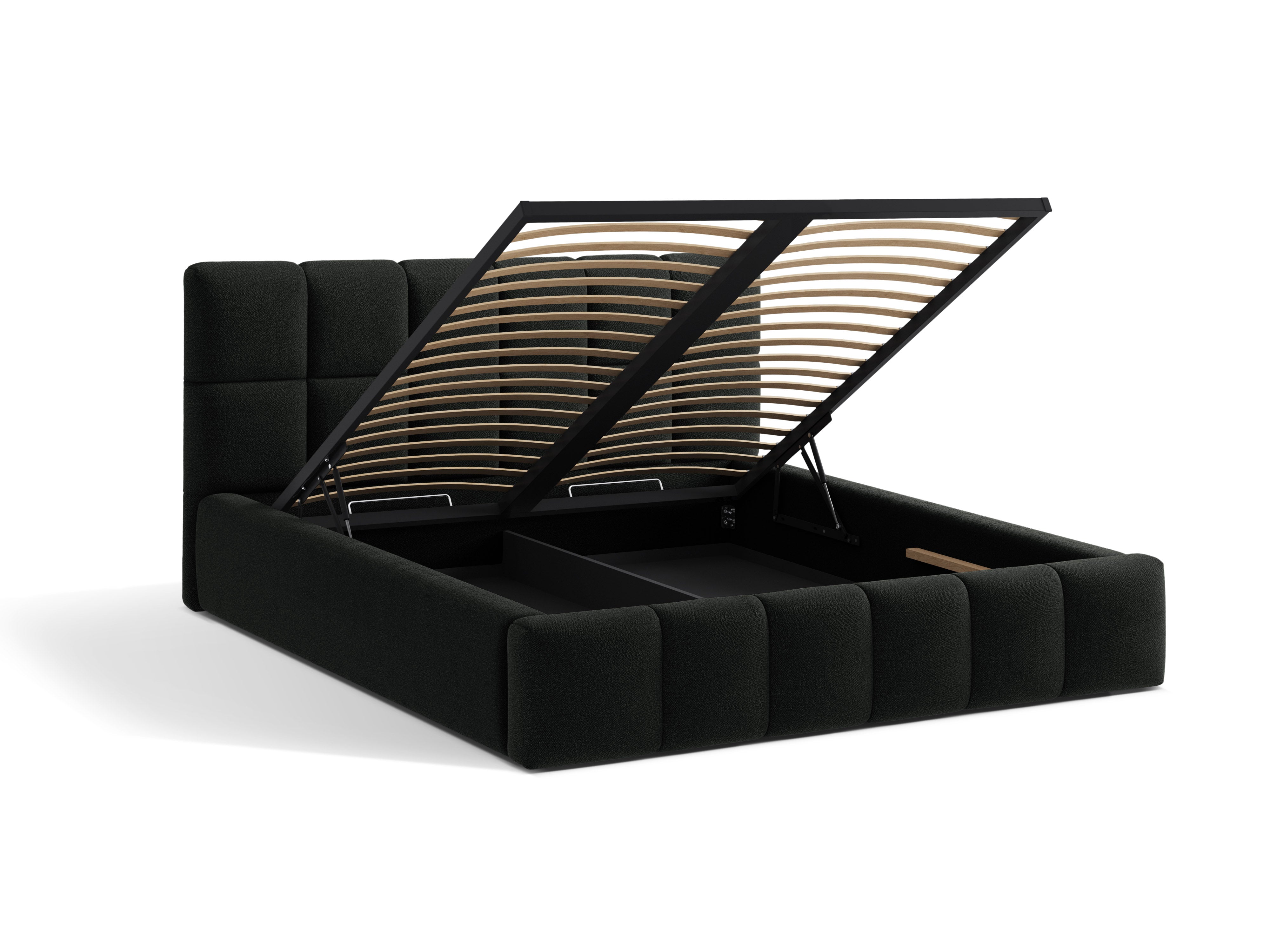 BELLIS bed met opbergruimte voor beddengoed in zwarte boucle