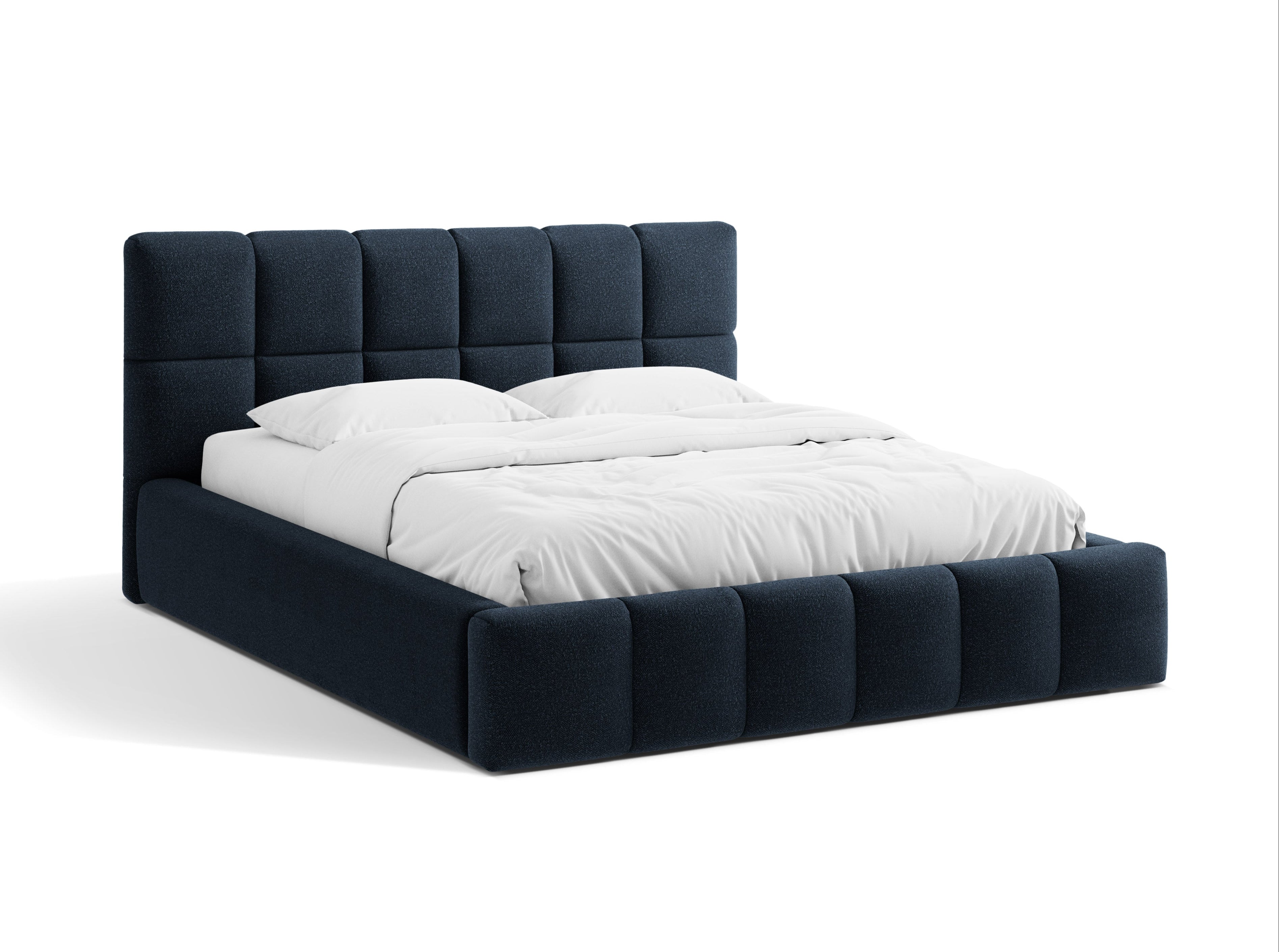 BELLIS bed met opbergruimte voor beddengoed in marineblauwe boucle
