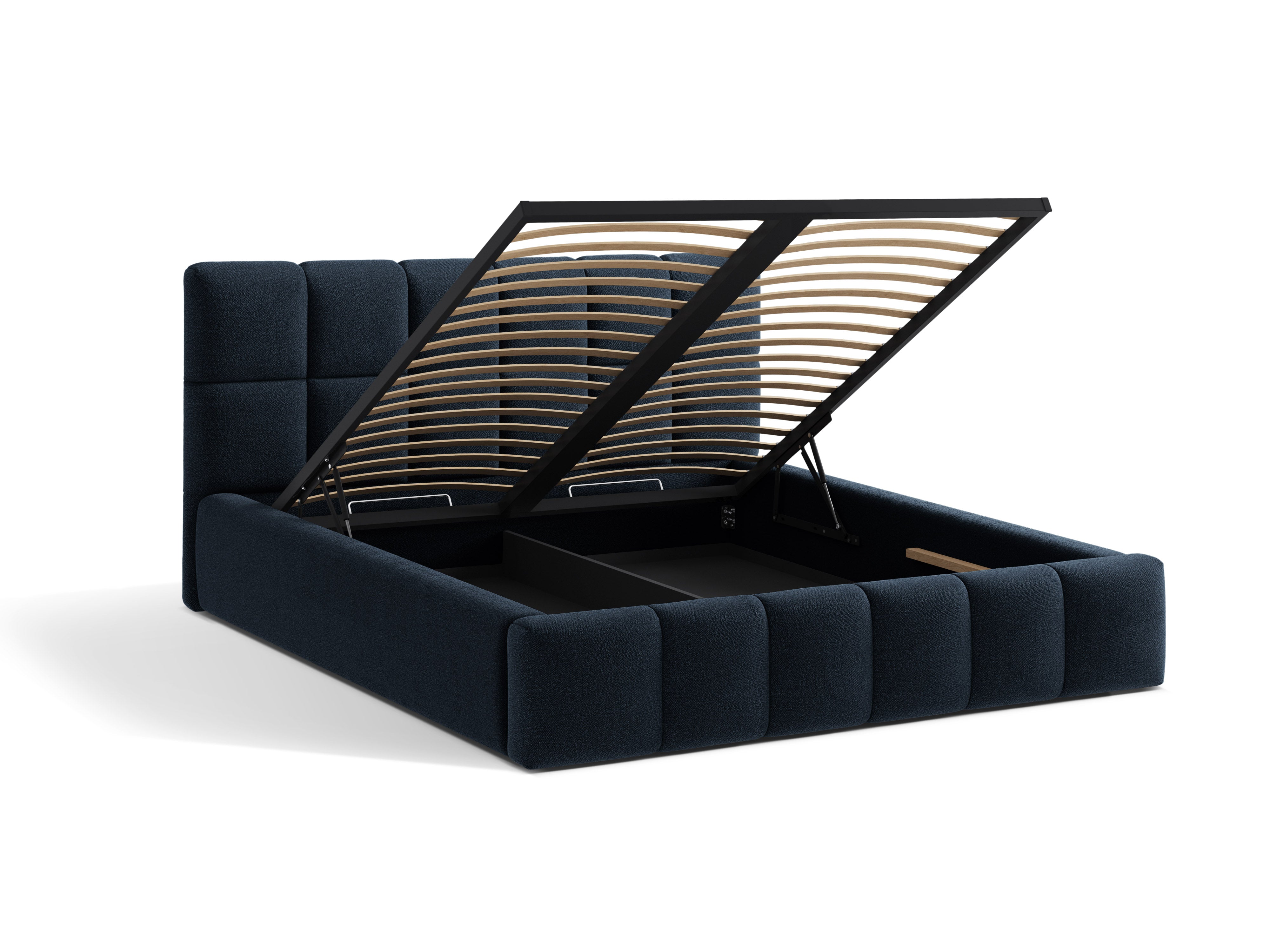 BELLIS bed met opbergruimte voor beddengoed in marineblauwe boucle