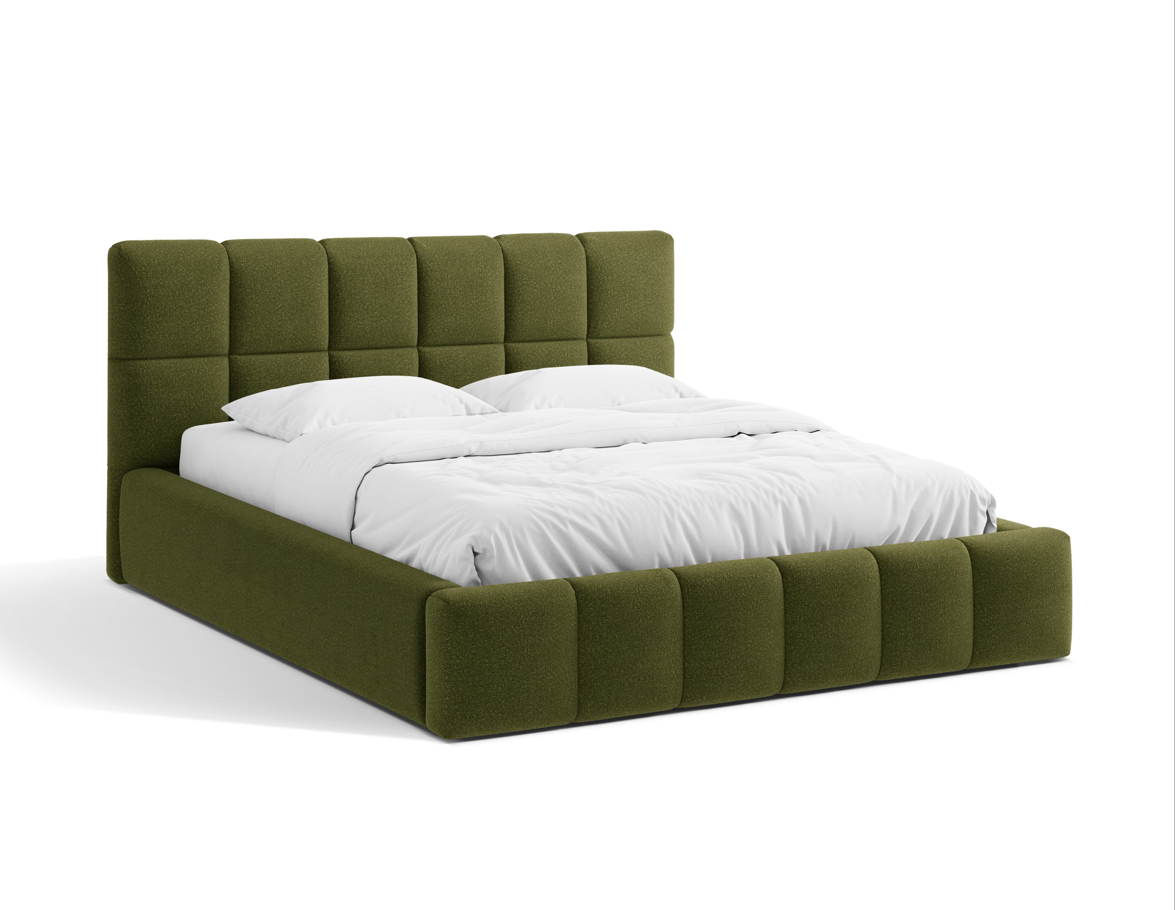 BELLIS bed met opbergruimte voor beddengoed in groene boucle