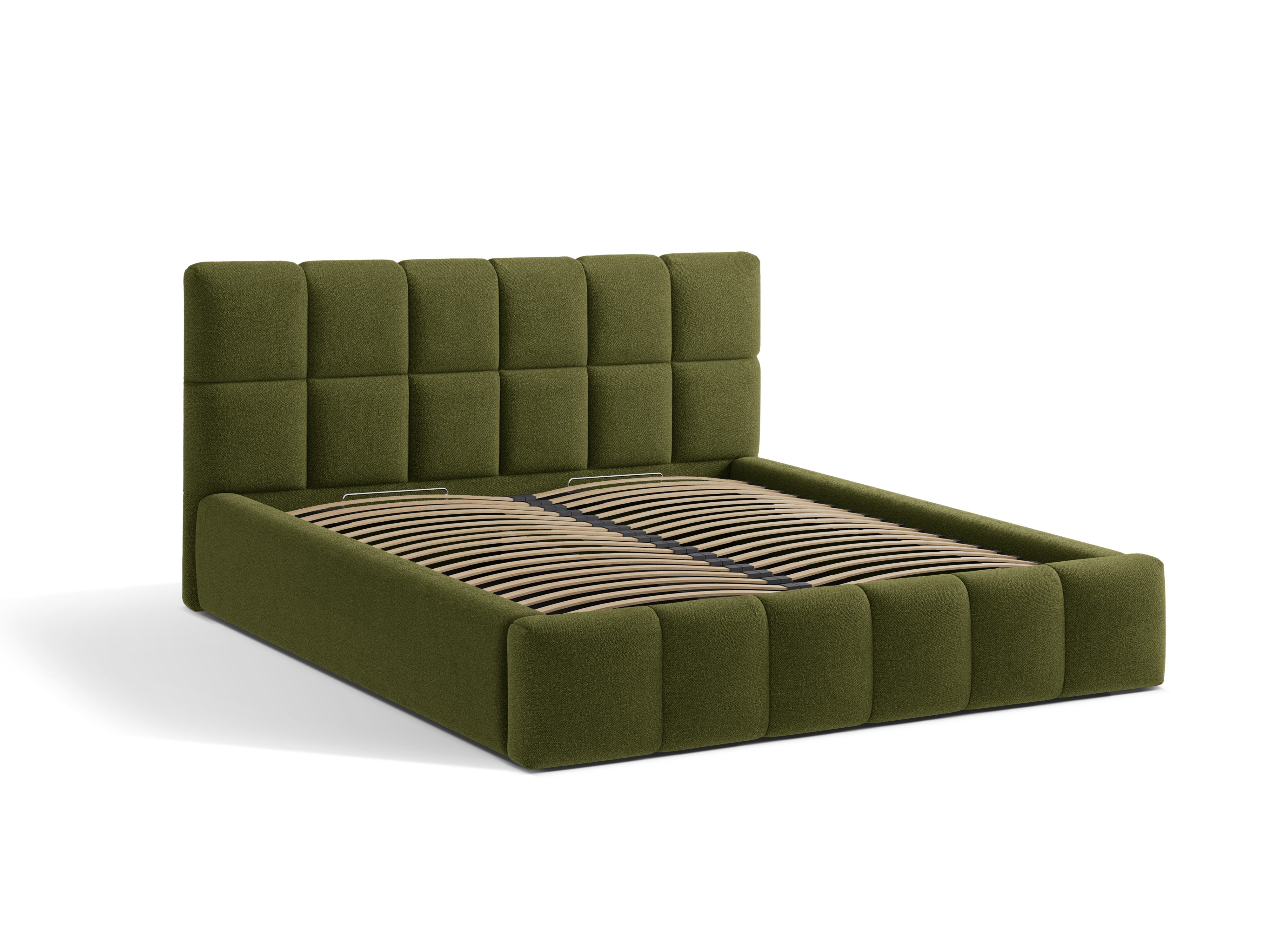 BELLIS bed met opbergruimte voor beddengoed in groene boucle