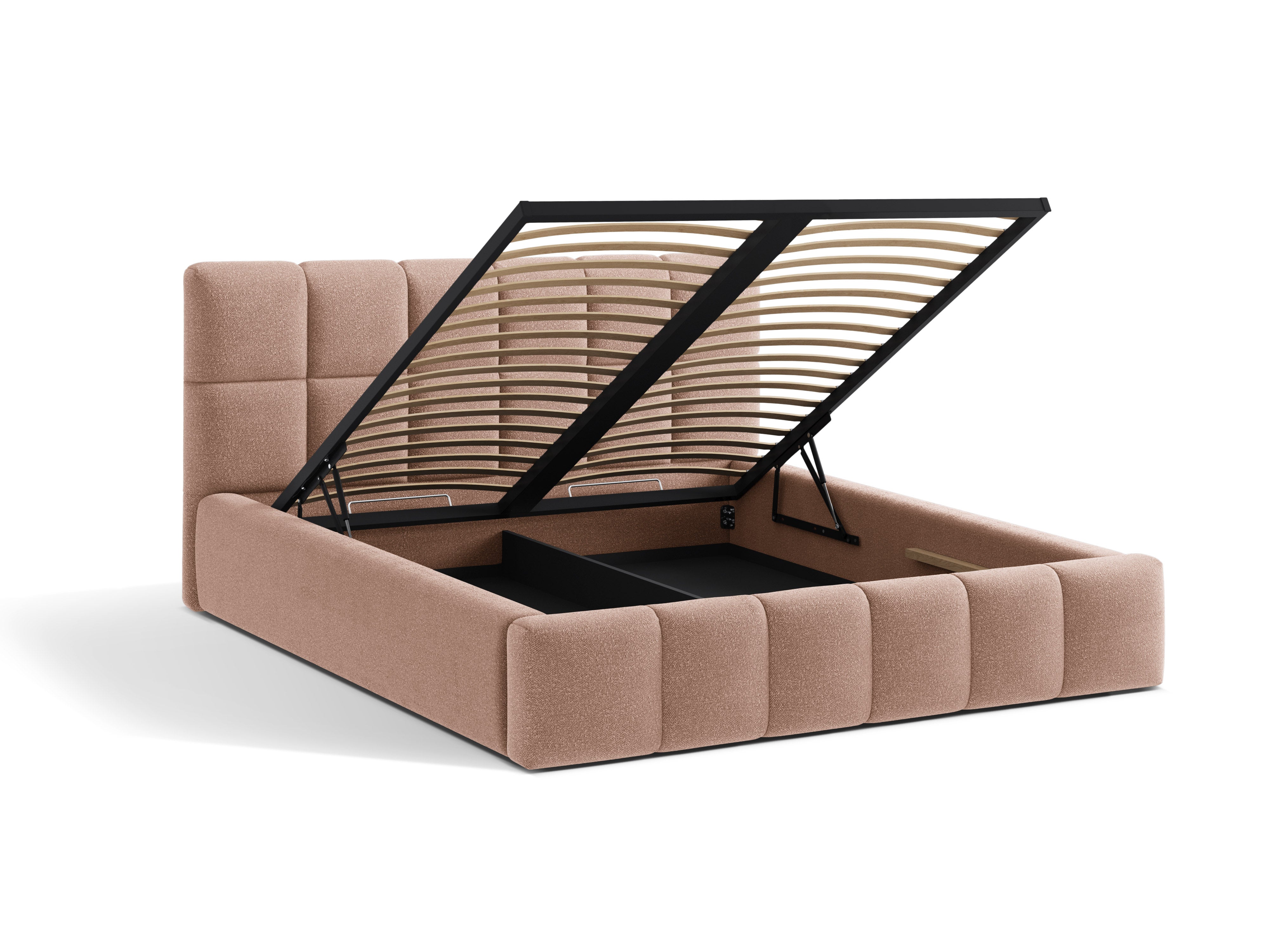 BELLIS bed met opbergruimte voor beddengoed in poederroze bouclé