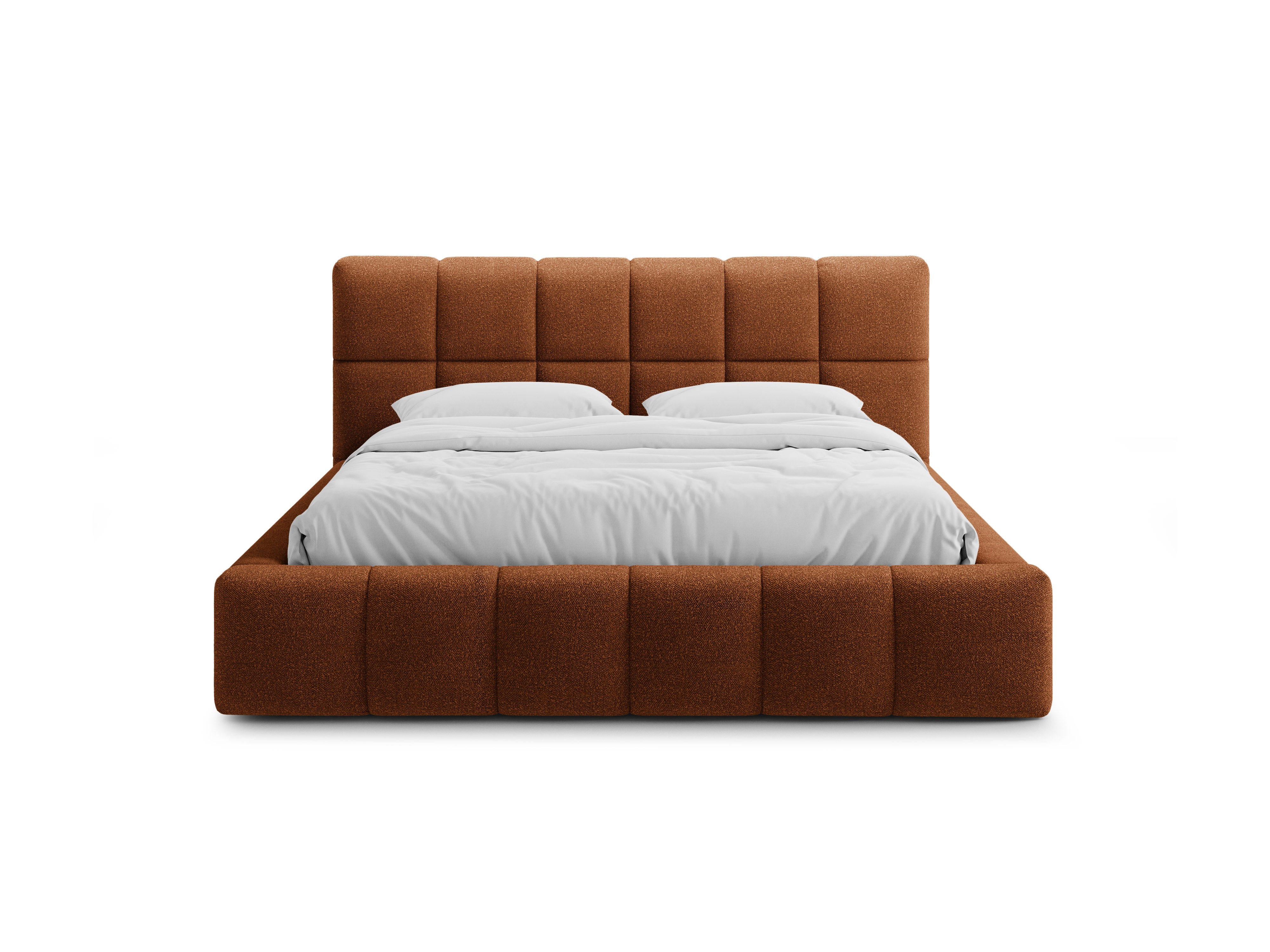 BELLIS bed met opbergruimte voor beddengoed in baksteen boucle