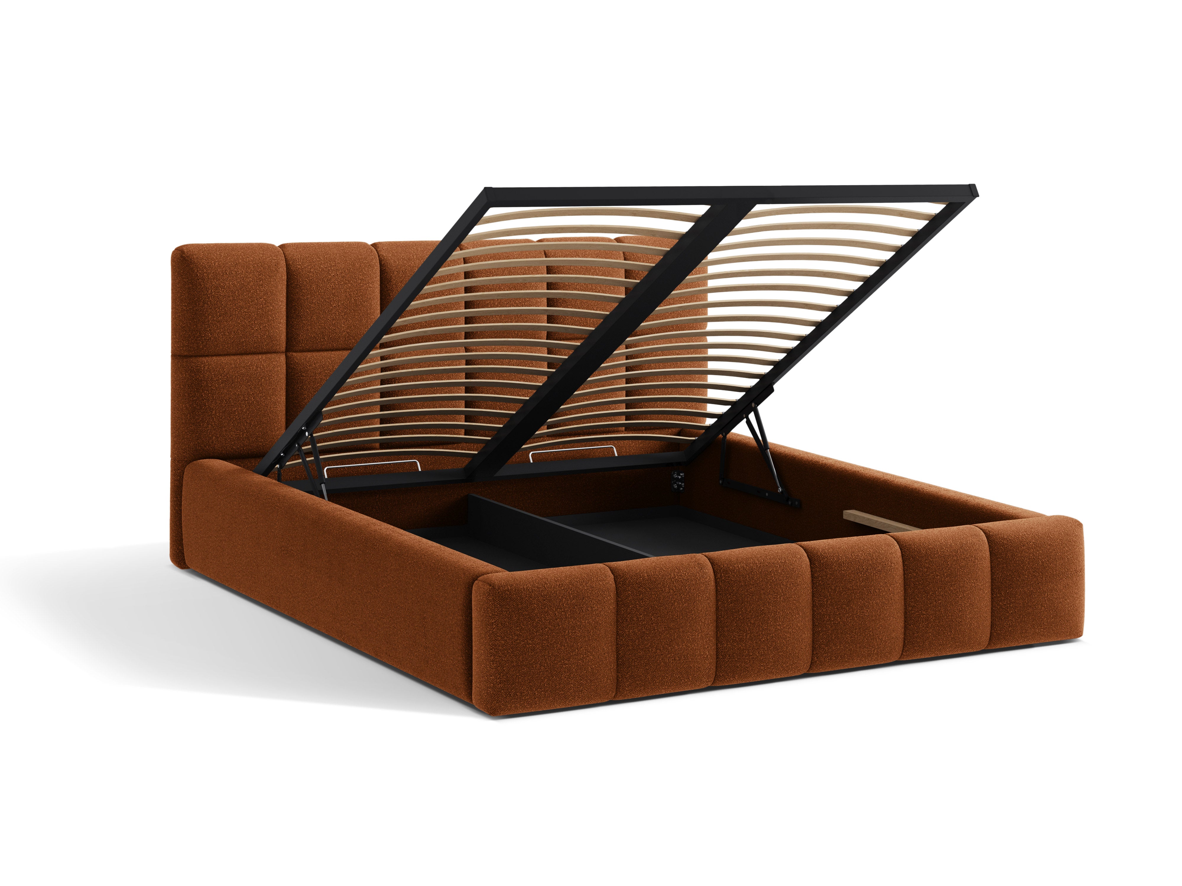 BELLIS bed met opbergruimte voor beddengoed in baksteen boucle