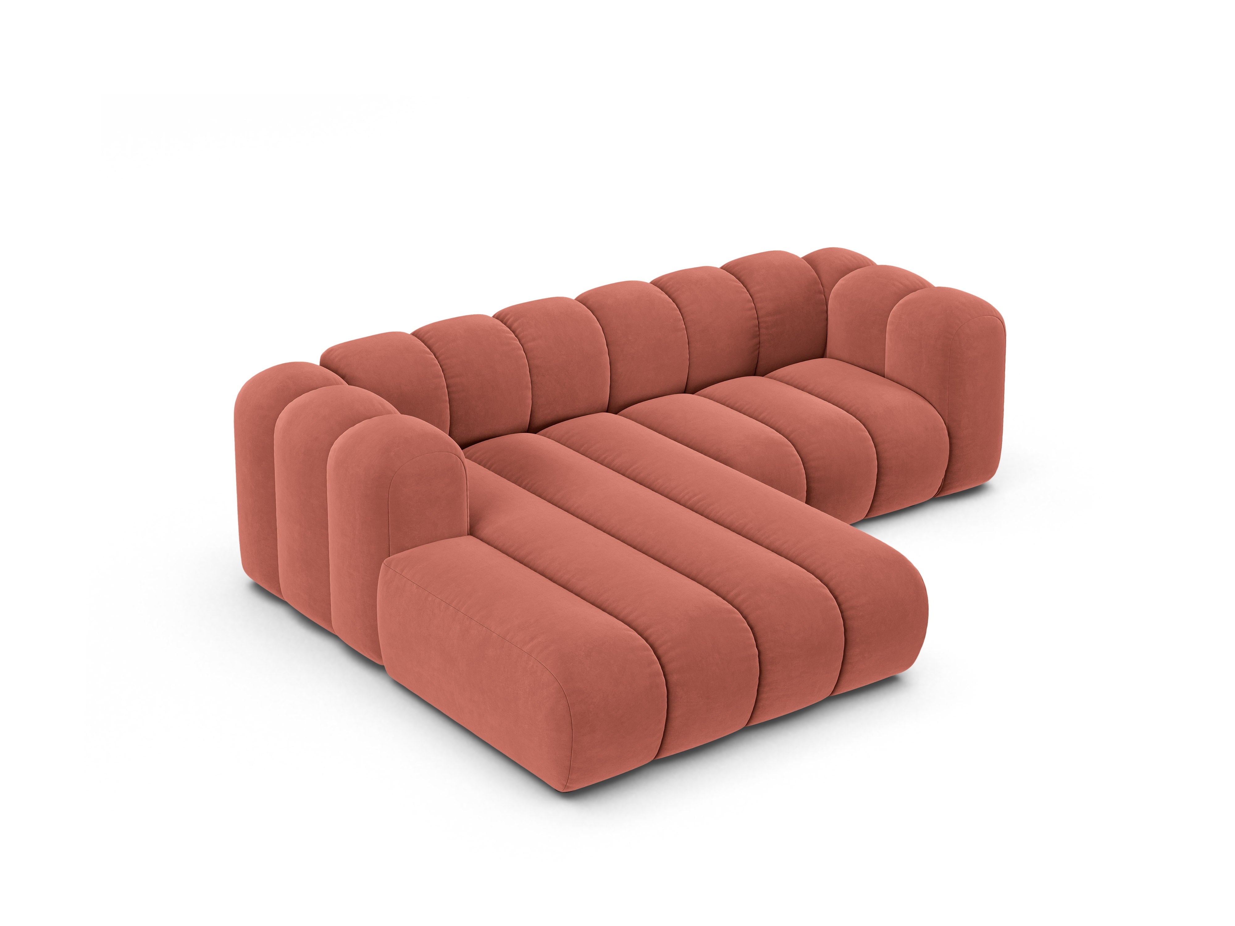 Narożnik aksamitny 3-osobowy lewostronny LUPINE koralowy – sofa narożna