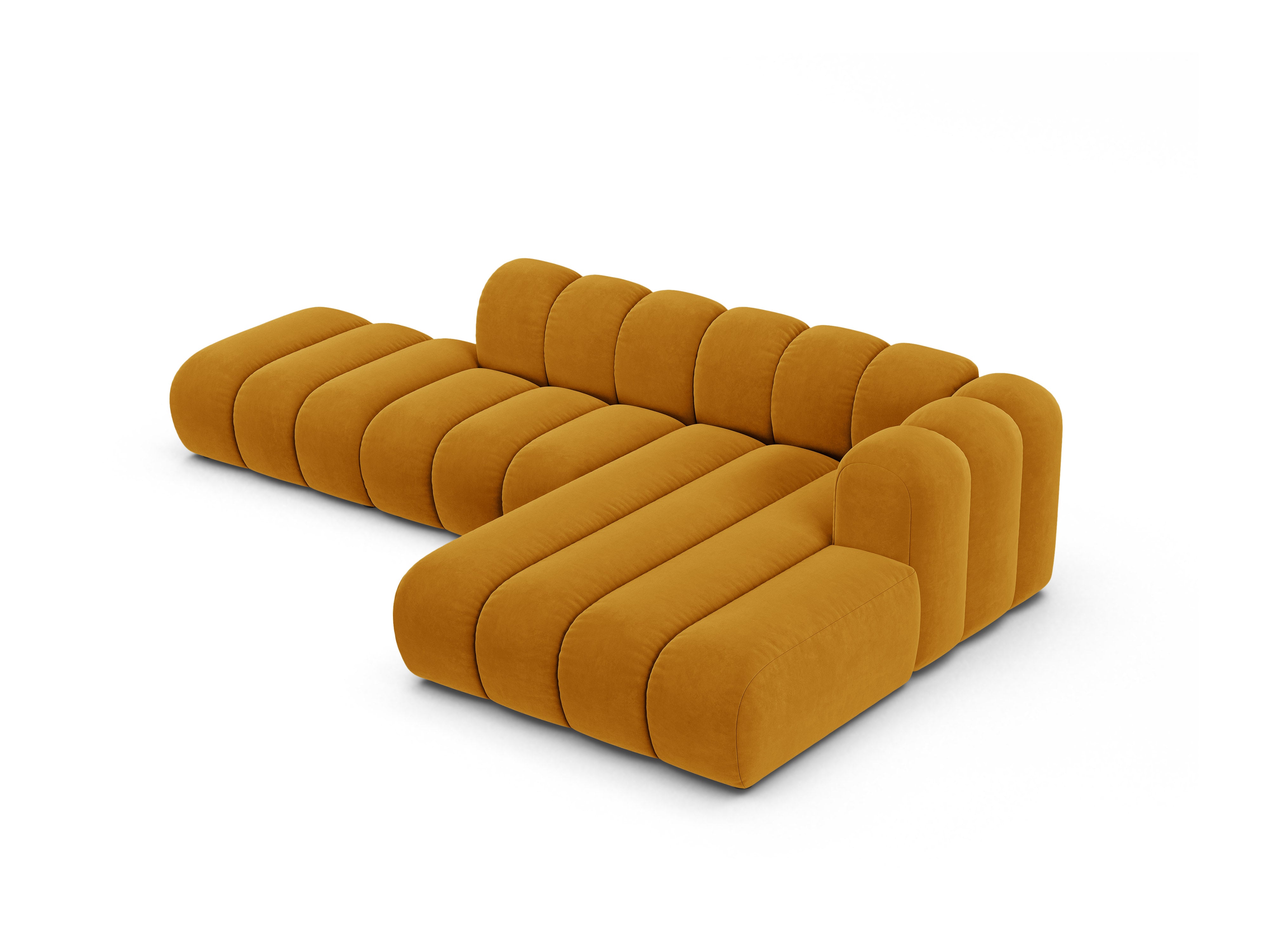Narożnik aksamitny 5-osobowy prawostronny LUPINE musztardowy – sofa narożna