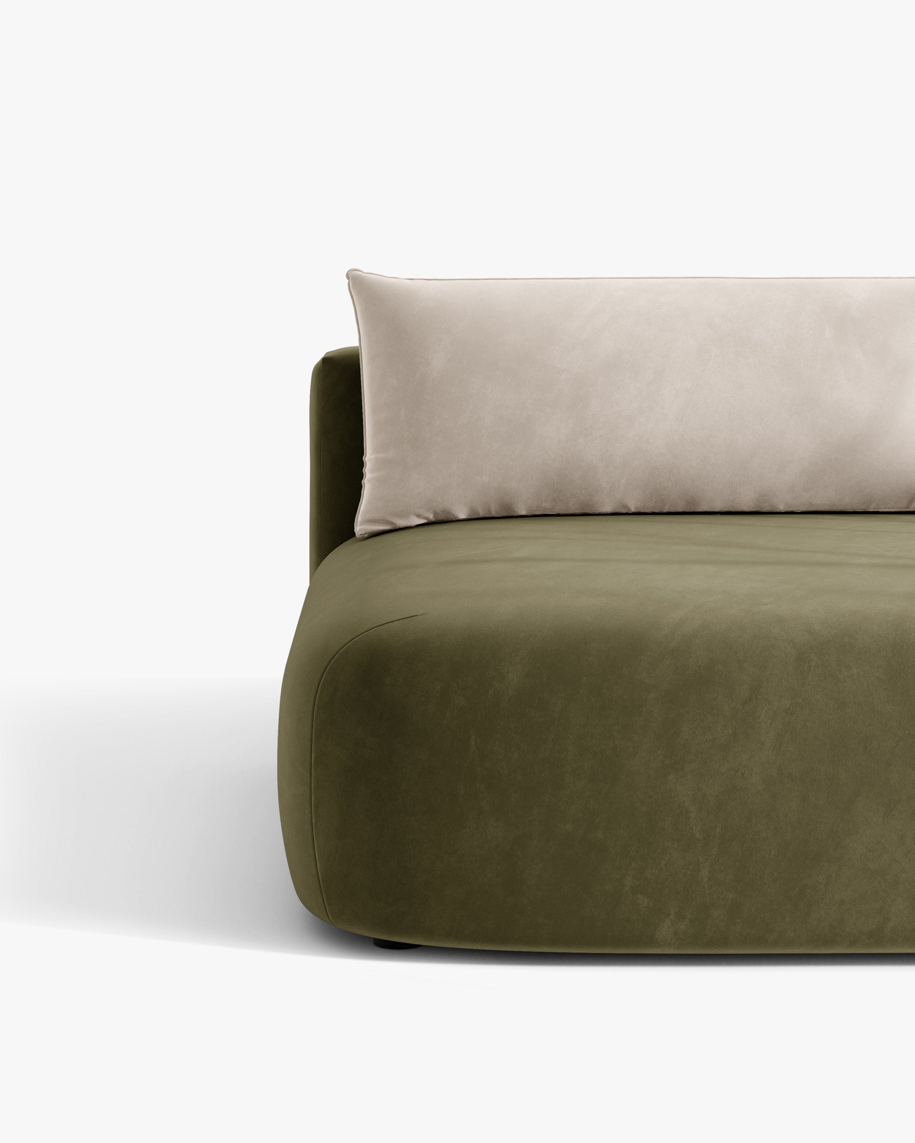 3-zits fluwelen bank met slaapfunctie HENA in groen met beige kussens