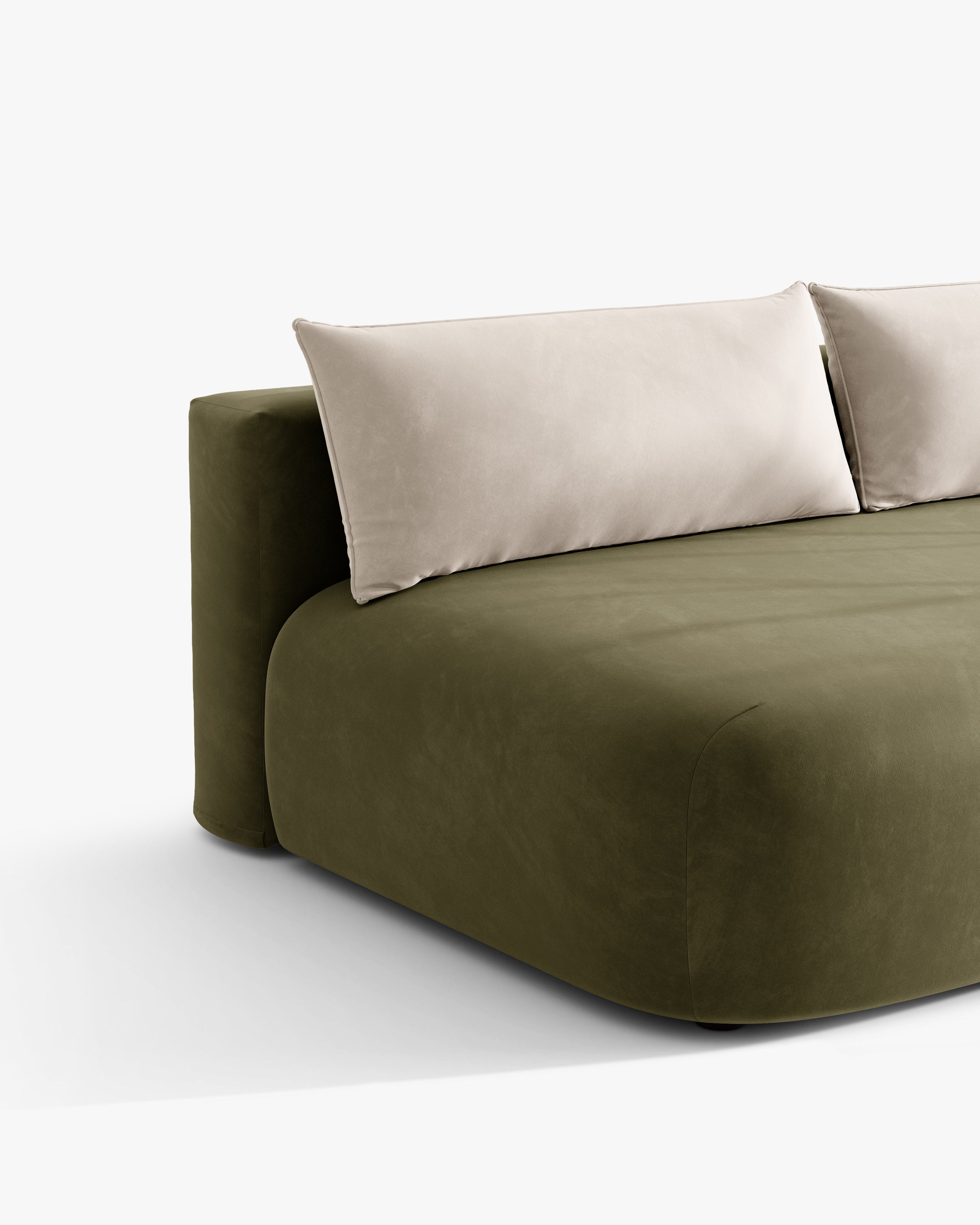 3-zits fluwelen bank met slaapfunctie HENA in groen met beige kussens