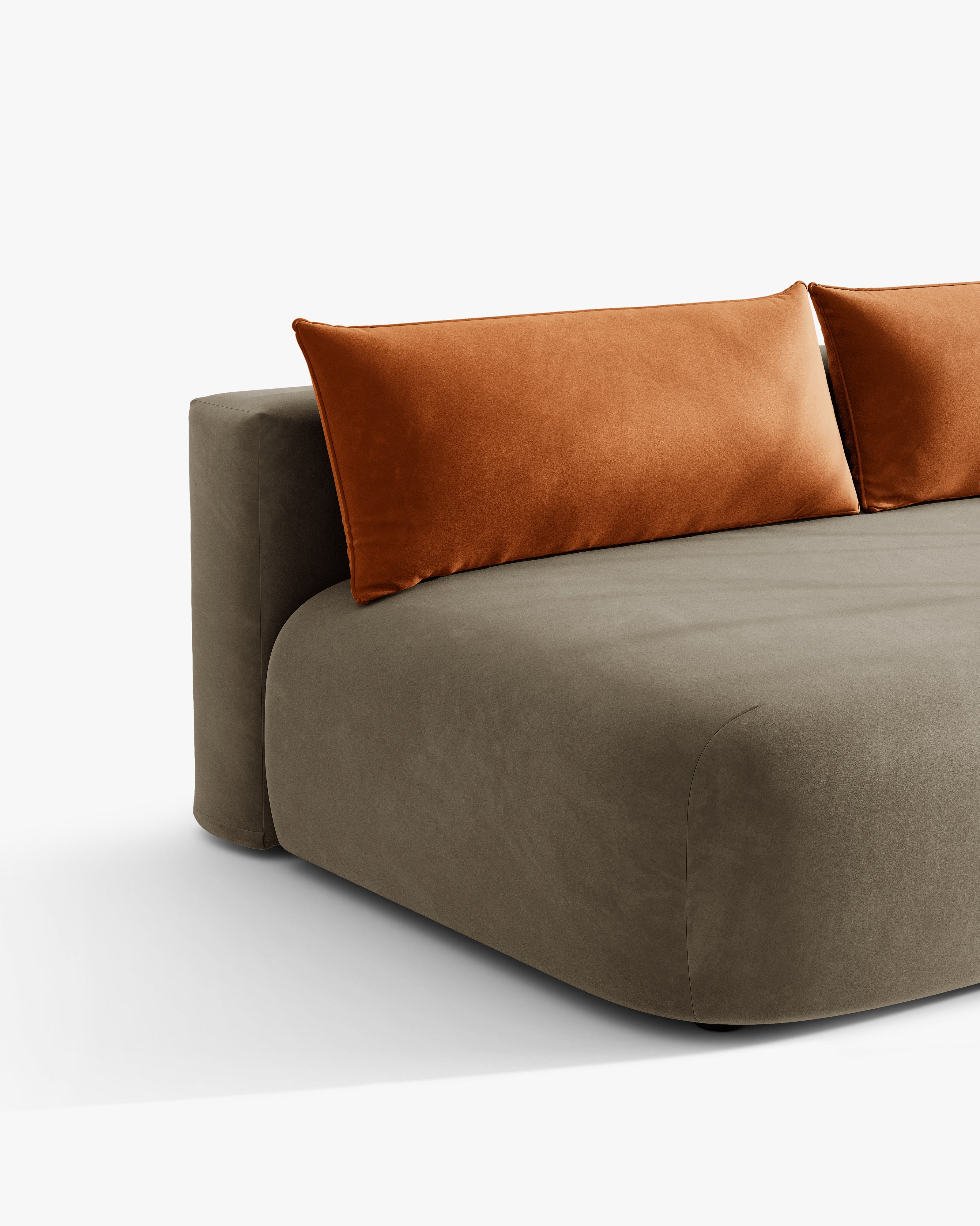 Sofa voor 3 personen van fluweel met slaapfunctie HENA in grijsbruin met bakstenen kussens