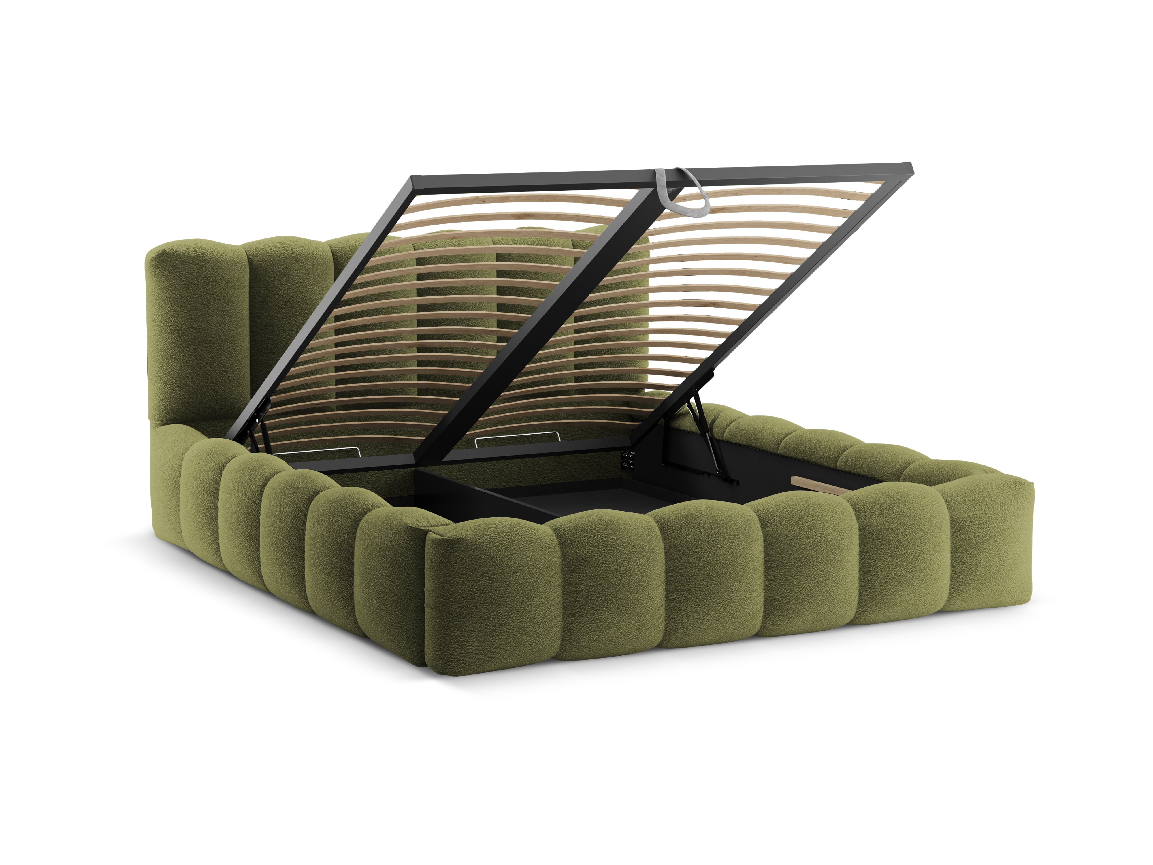 Bed met opbergruimte LUPINE olijfgroene boucle