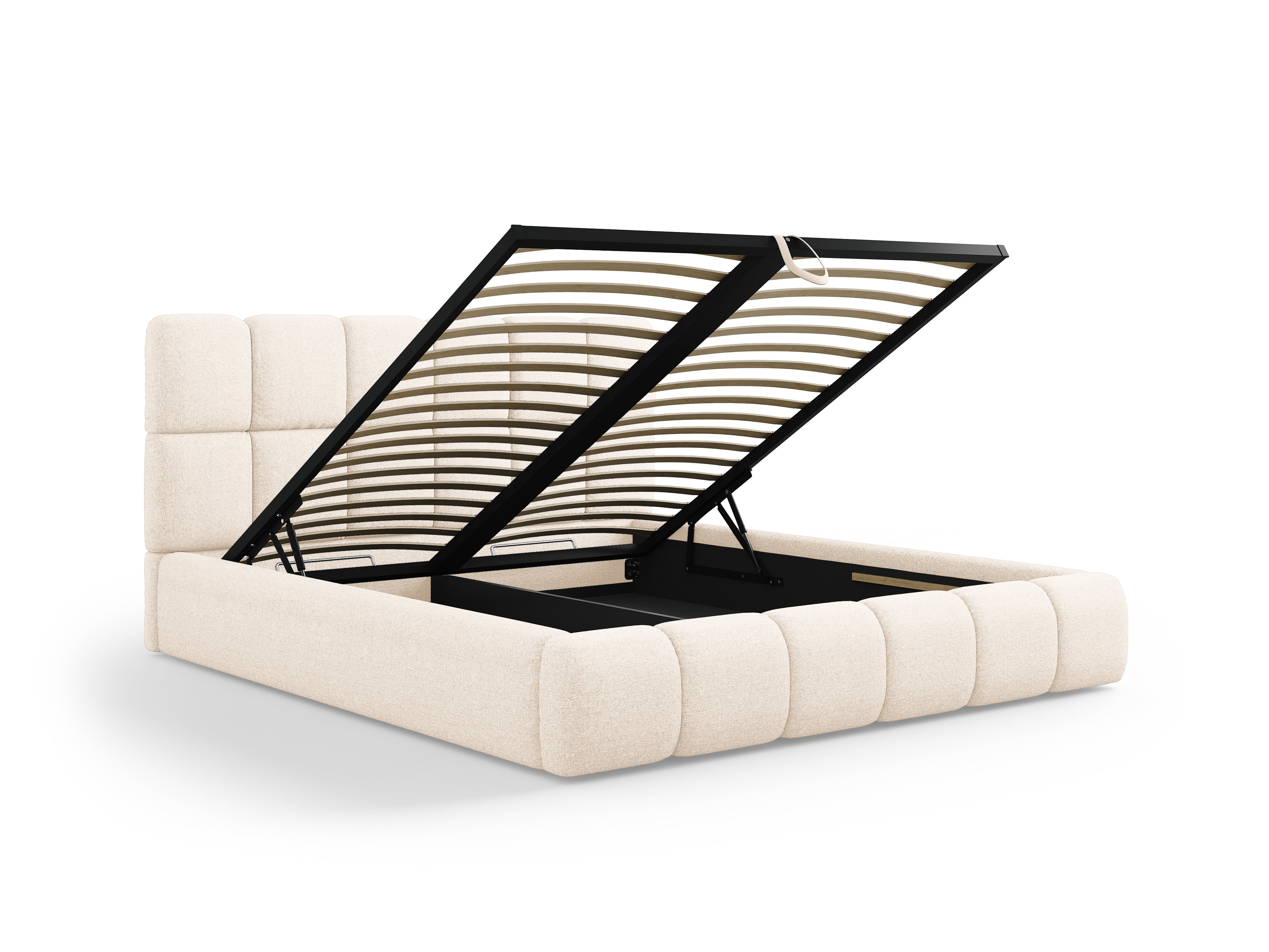 BELLIS bed met opbergruimte voor beddengoed in lichtbeige zijdeachtige chenille