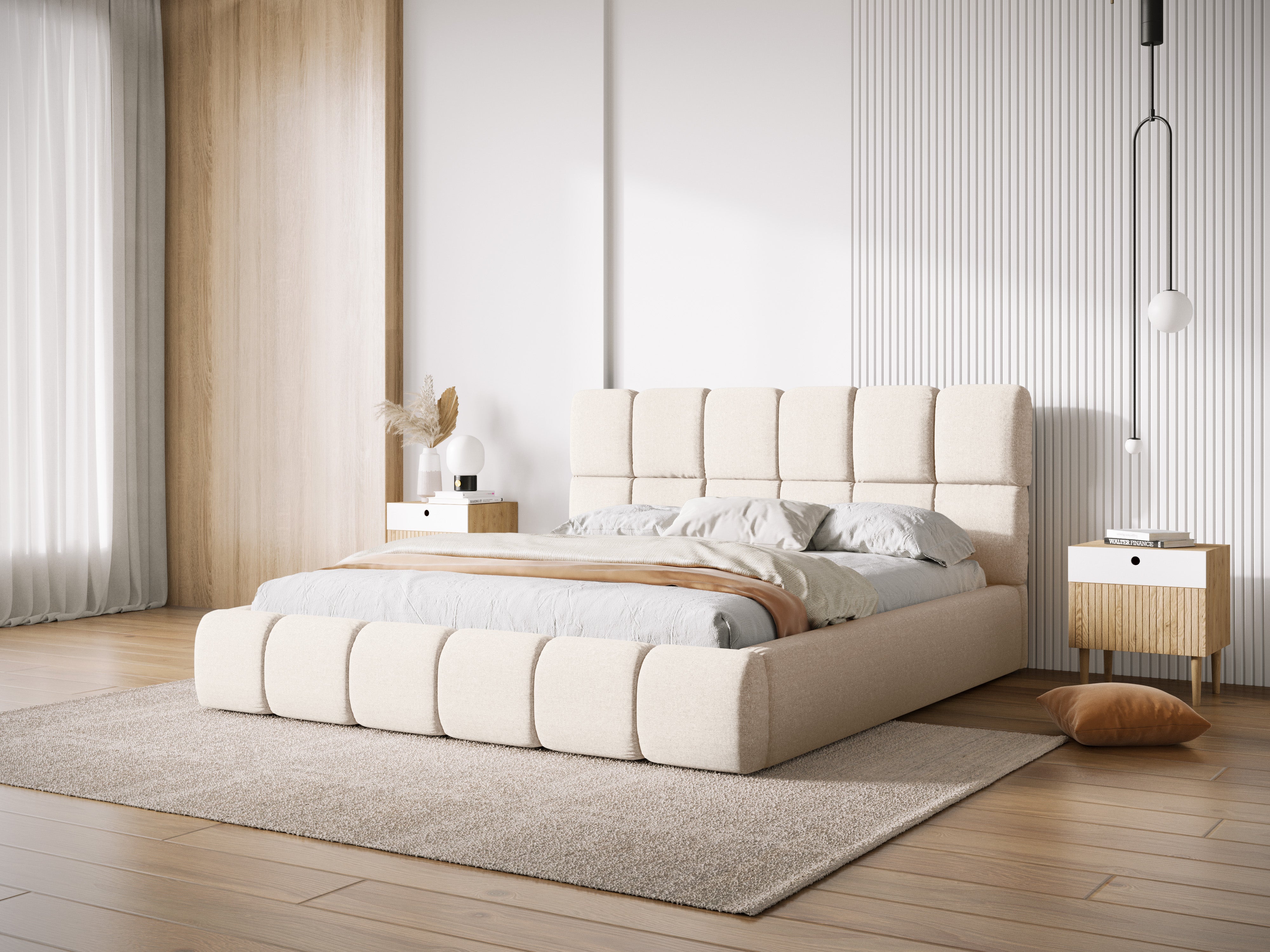 BELLIS bed met opbergruimte voor beddengoed in lichtbeige zijdeachtige chenille