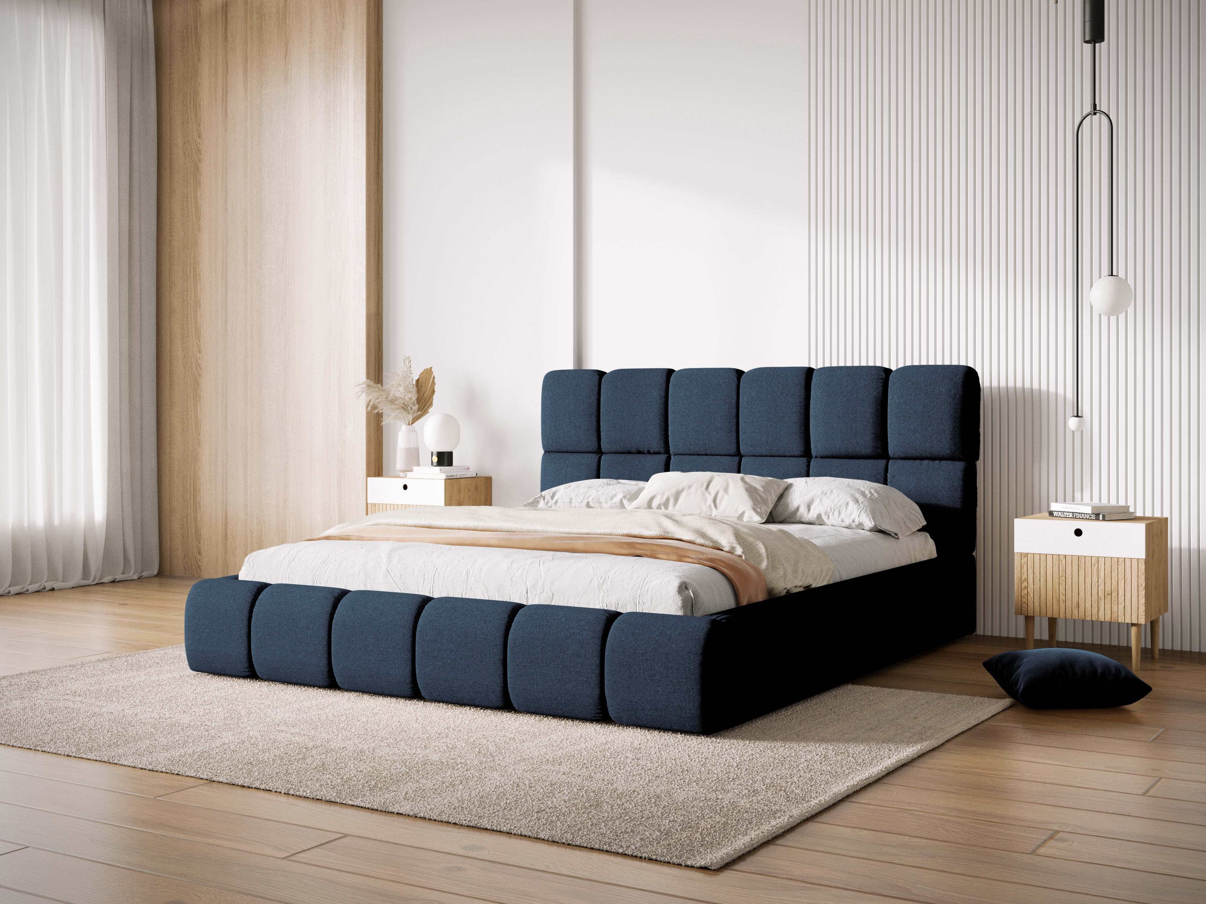 BELLIS bed met opbergruimte voor beddengoed, blauwe chenille zijdeachtige stof