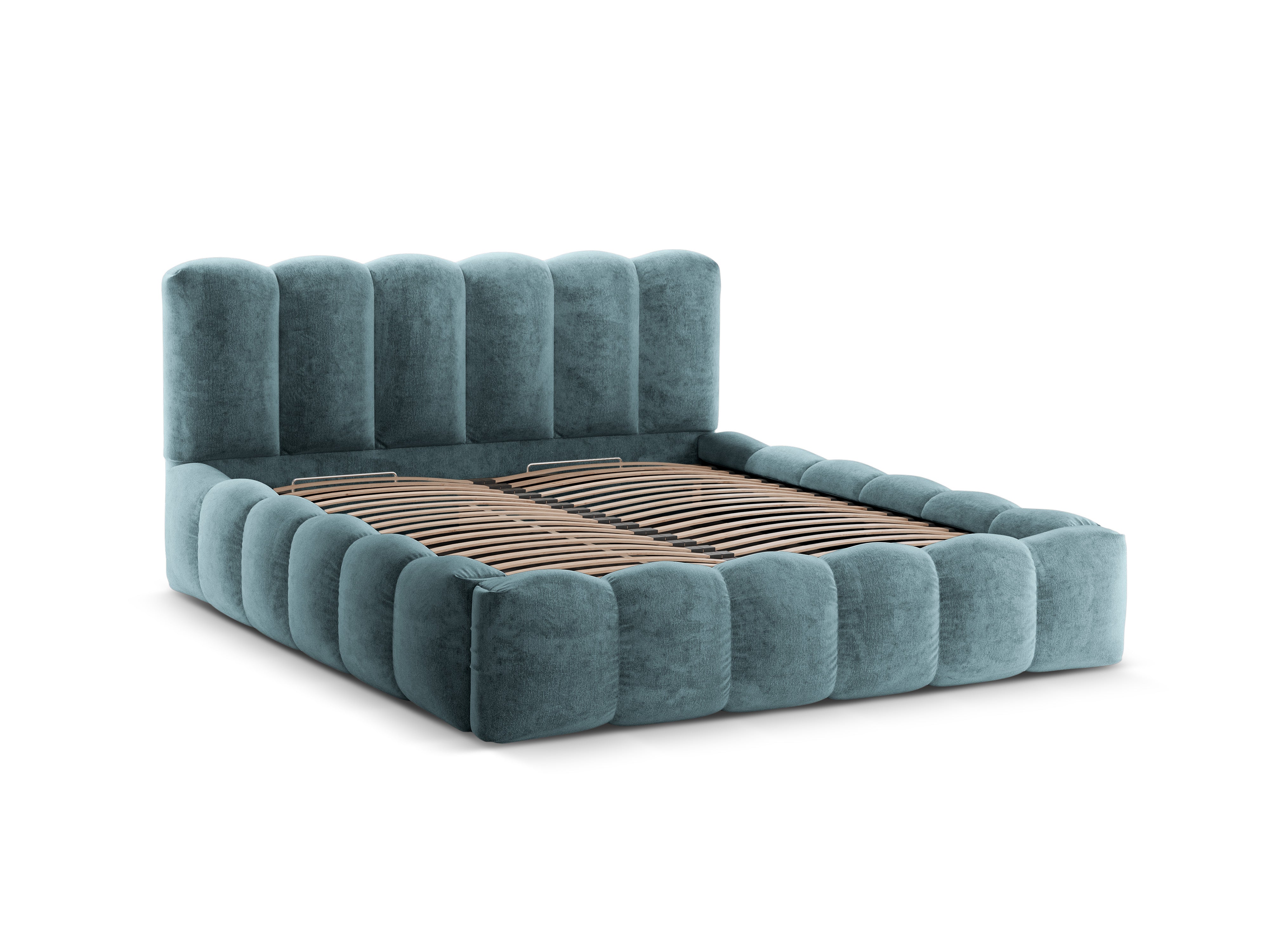 Bed met opbergruimte LUPINE spijkerblauw iriserend chenille