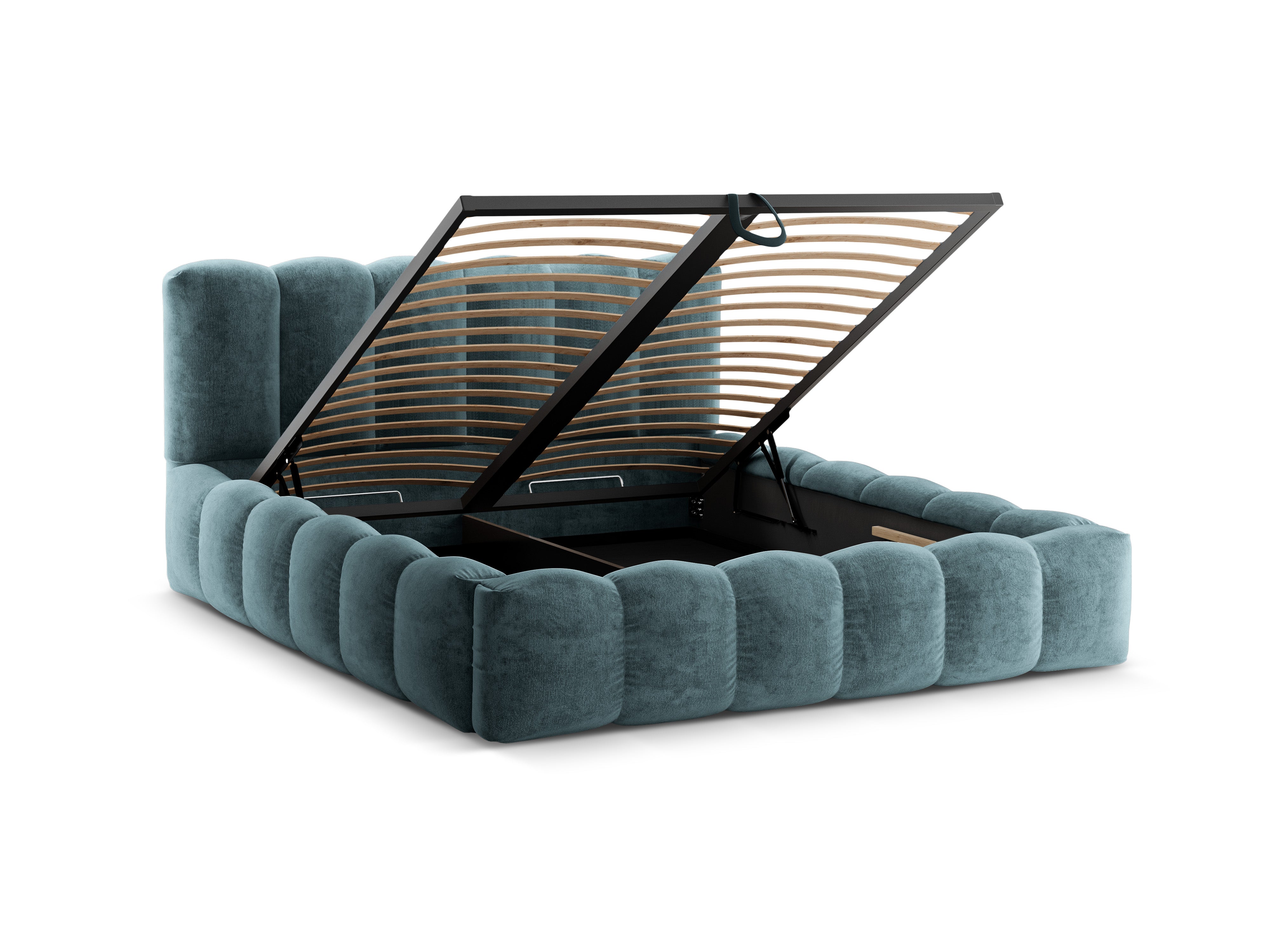 Bed met opbergruimte LUPINE spijkerblauw iriserend chenille