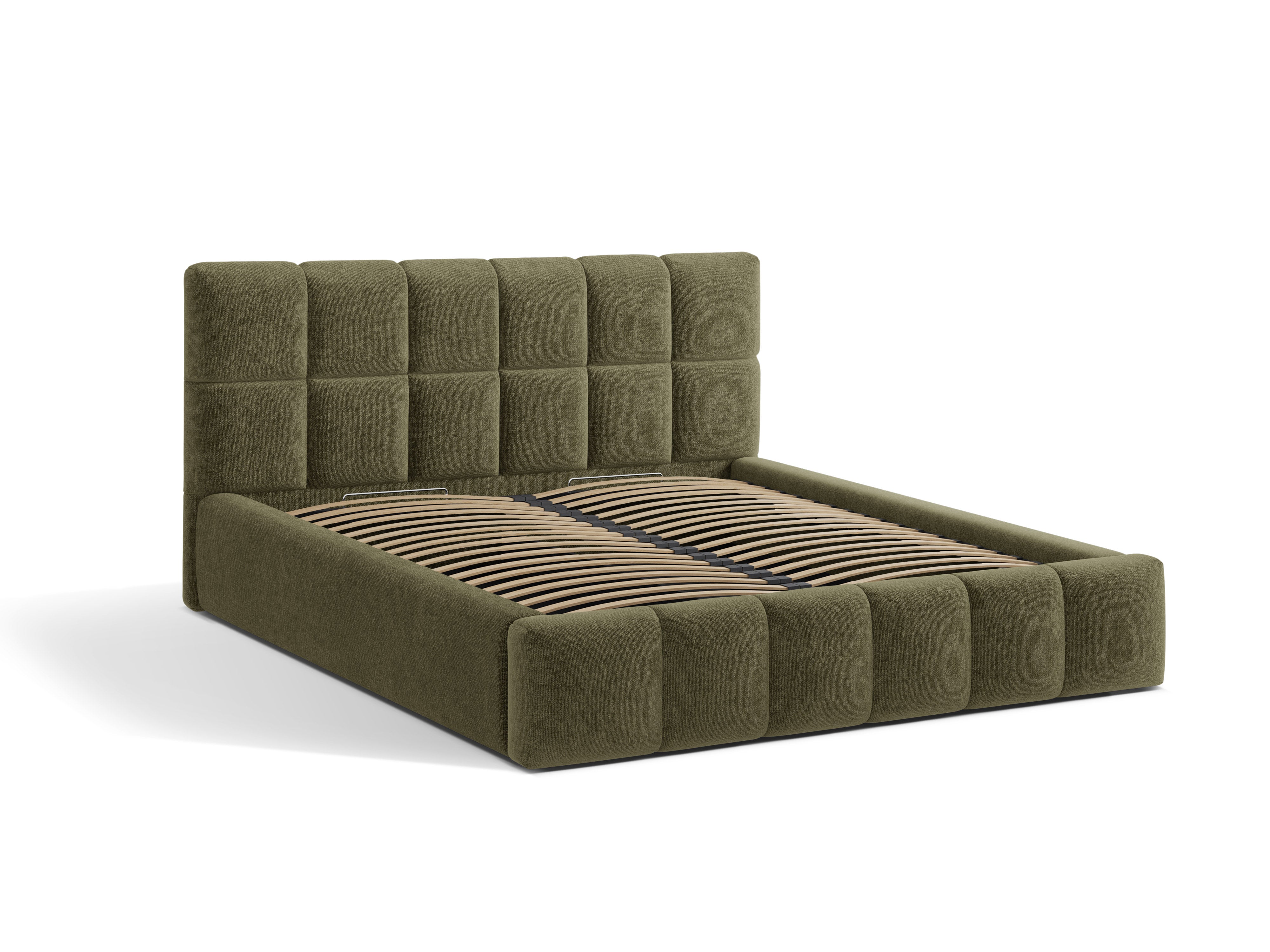 BELLIS bed met opbergruimte voor beddengoed in groene chenille