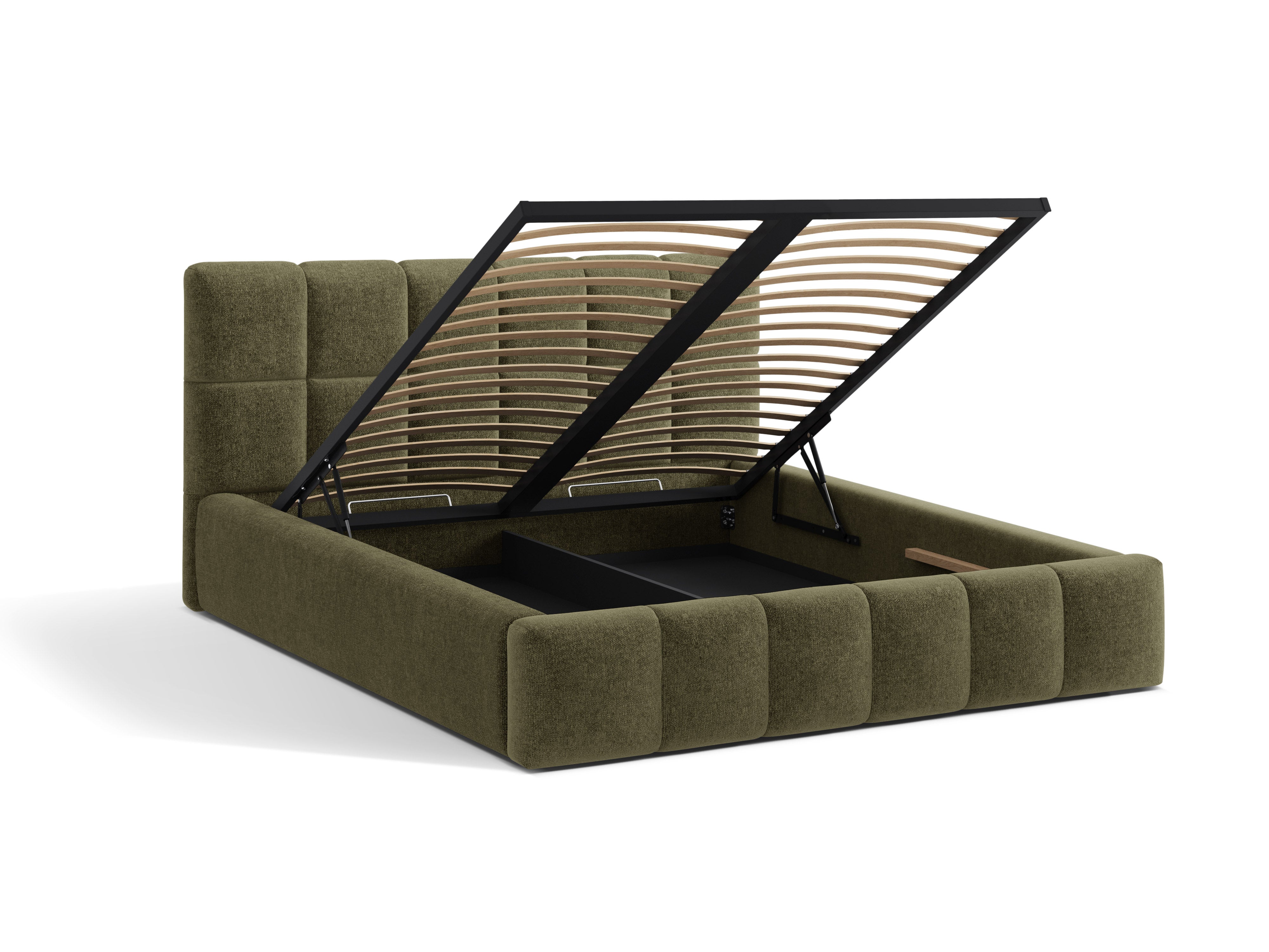 BELLIS bed met opbergruimte voor beddengoed in groene chenille