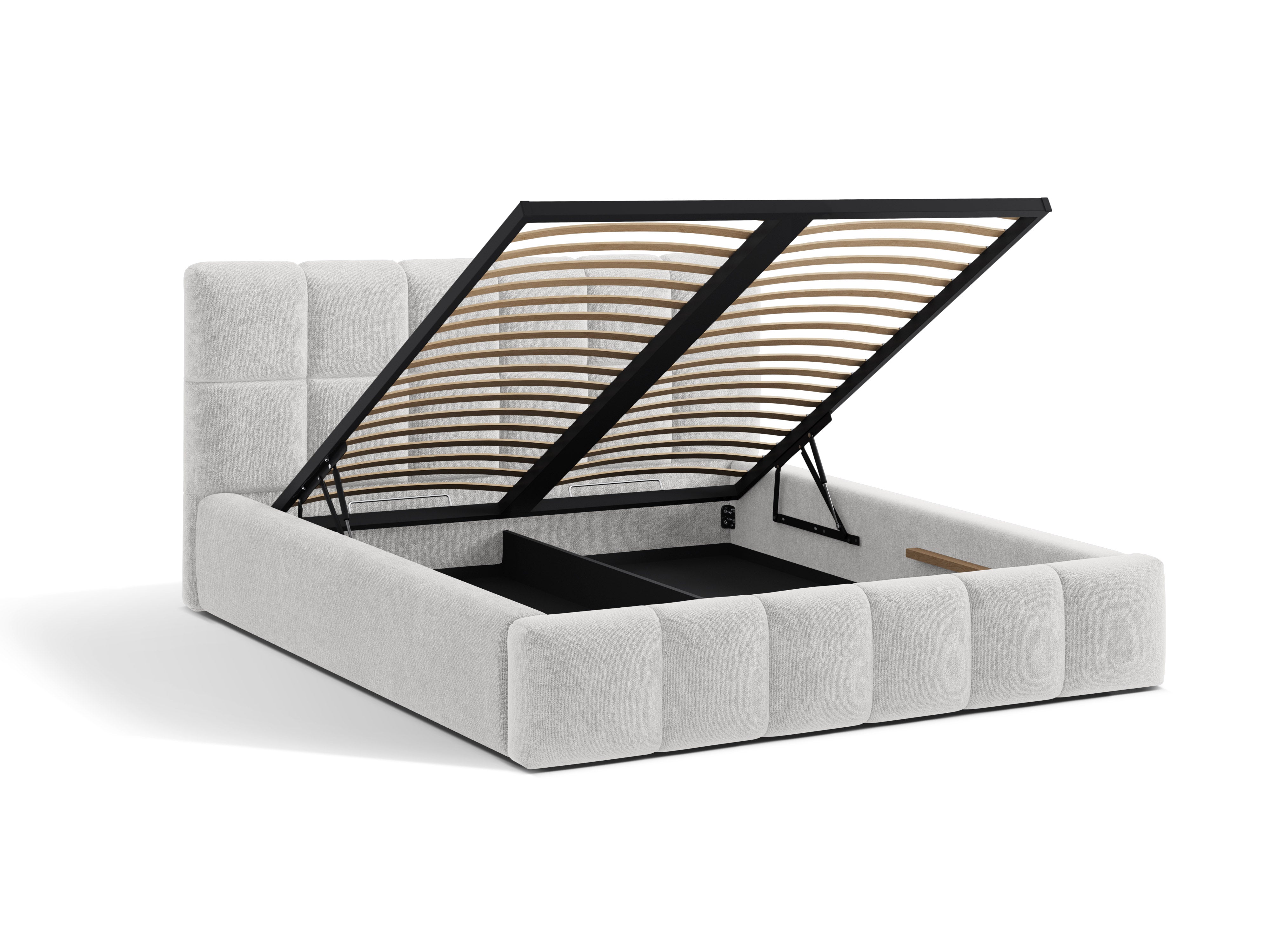 BELLIS bed met opbergruimte voor beddengoed in zilver chenille