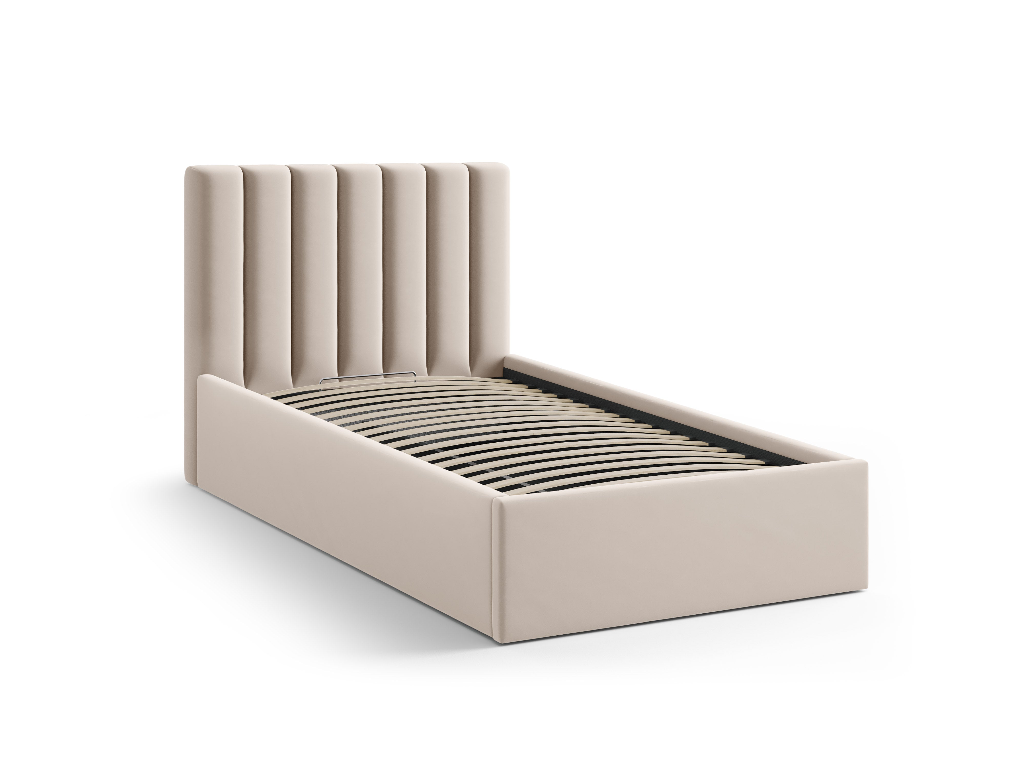 Eenpersoons fluwelen bed met opbergruimte voor beddengoed ALLISON beige