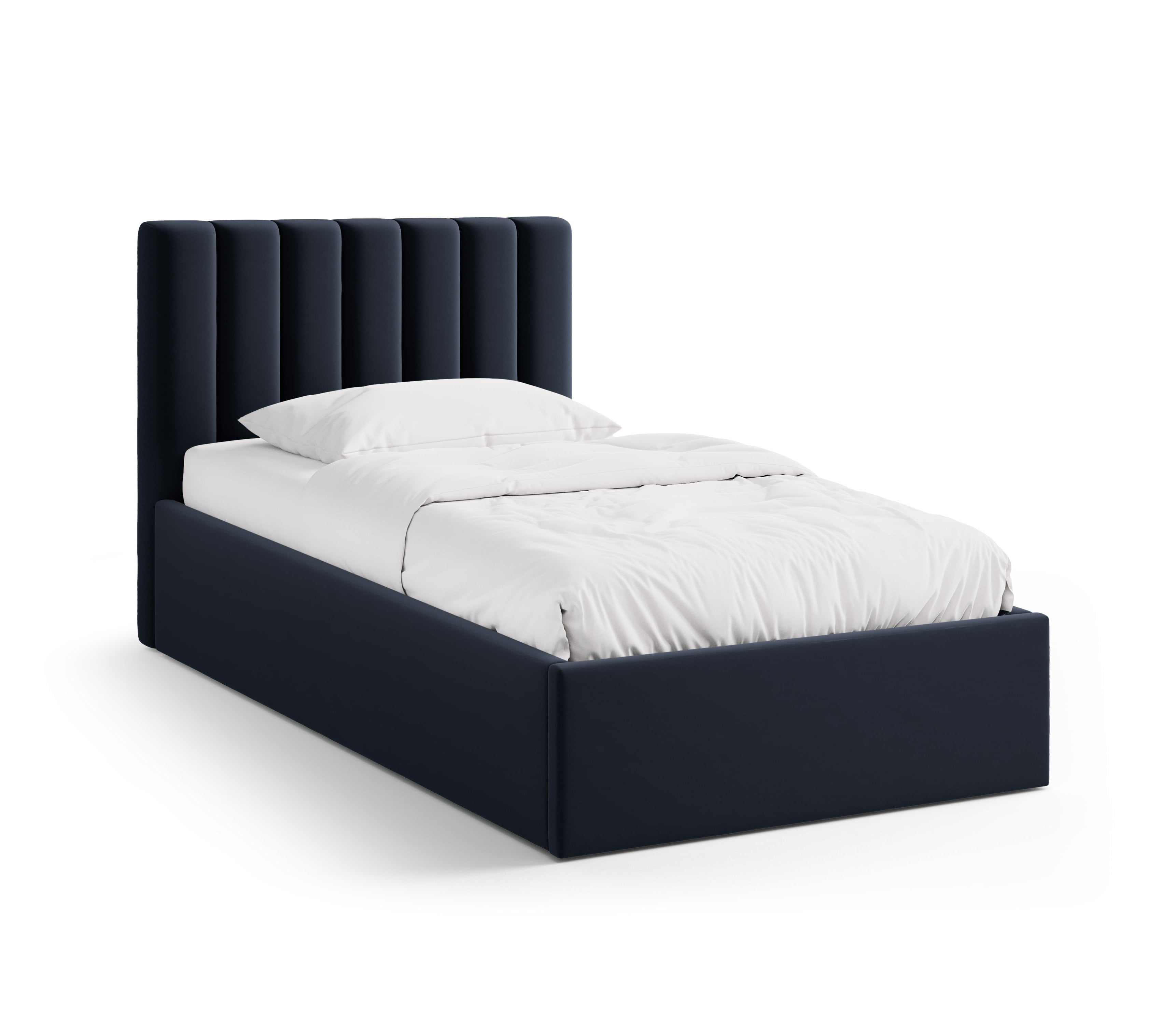Enkel velours bed met opbergruimte voor beddengoed ALLISON marineblauw