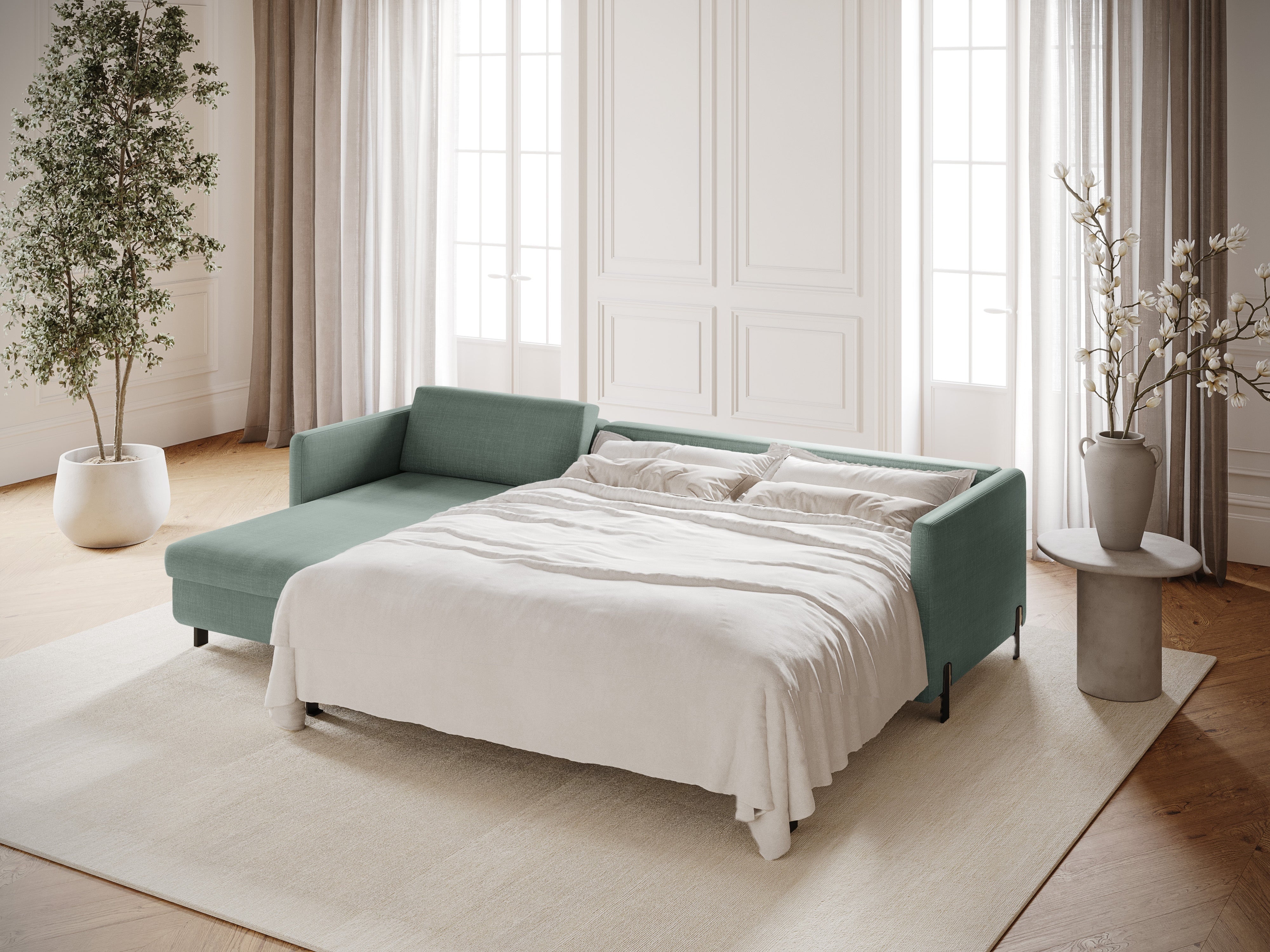 Linksseitige Schlafcouch GLORIA in mintgrünem Chenille