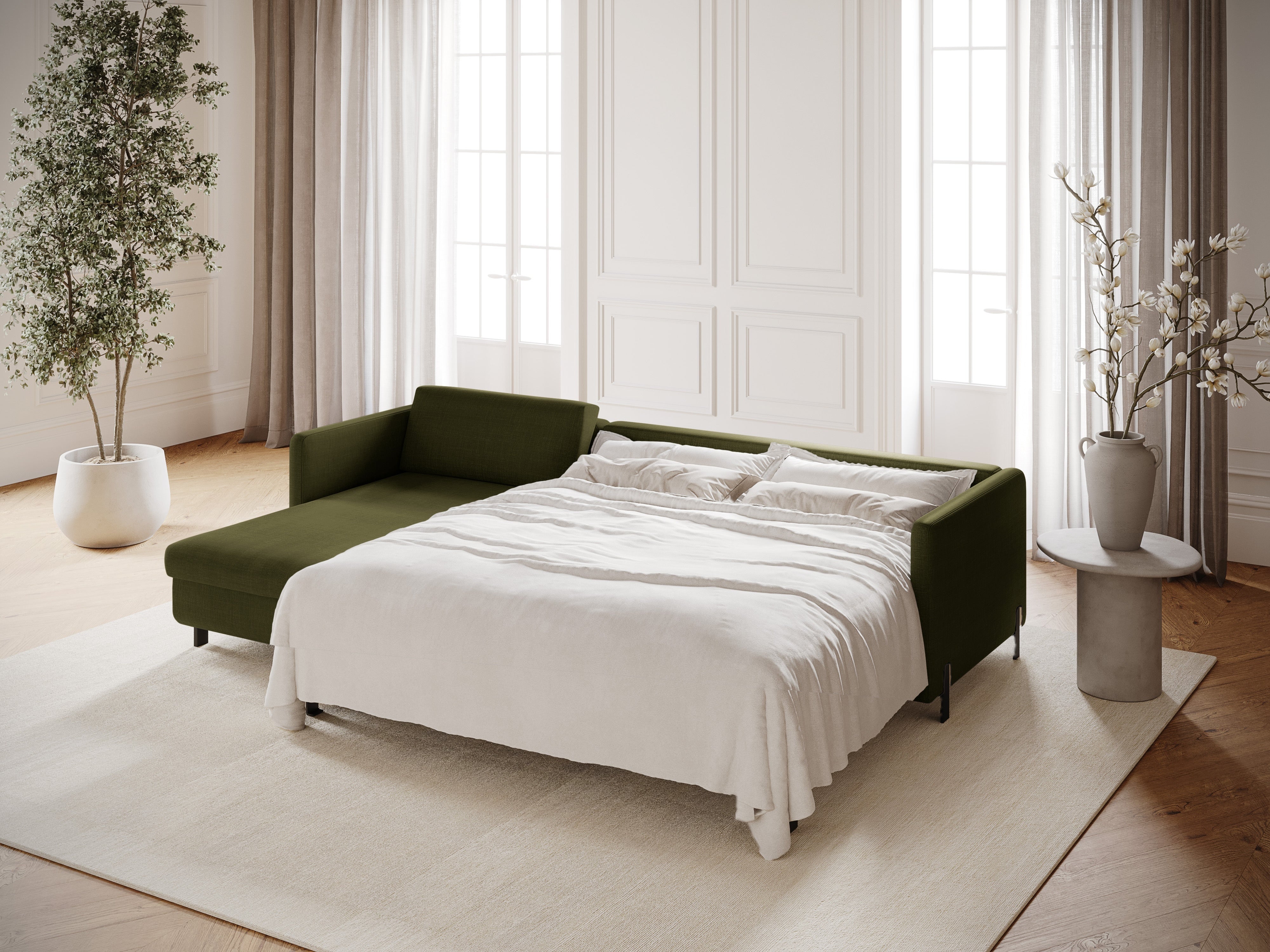 Linksseitiges 4-Sitzer Schlafsofa GLORIA in grünem Chenille