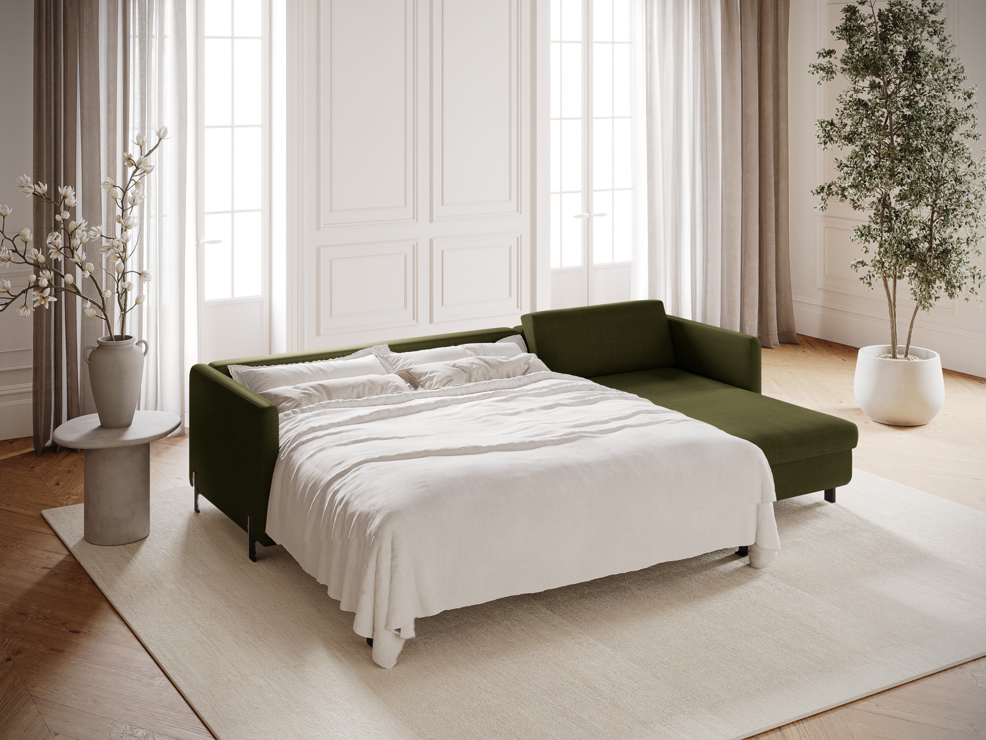 Rechthoekige bank met slaapfunctie GLORIA groene chenille