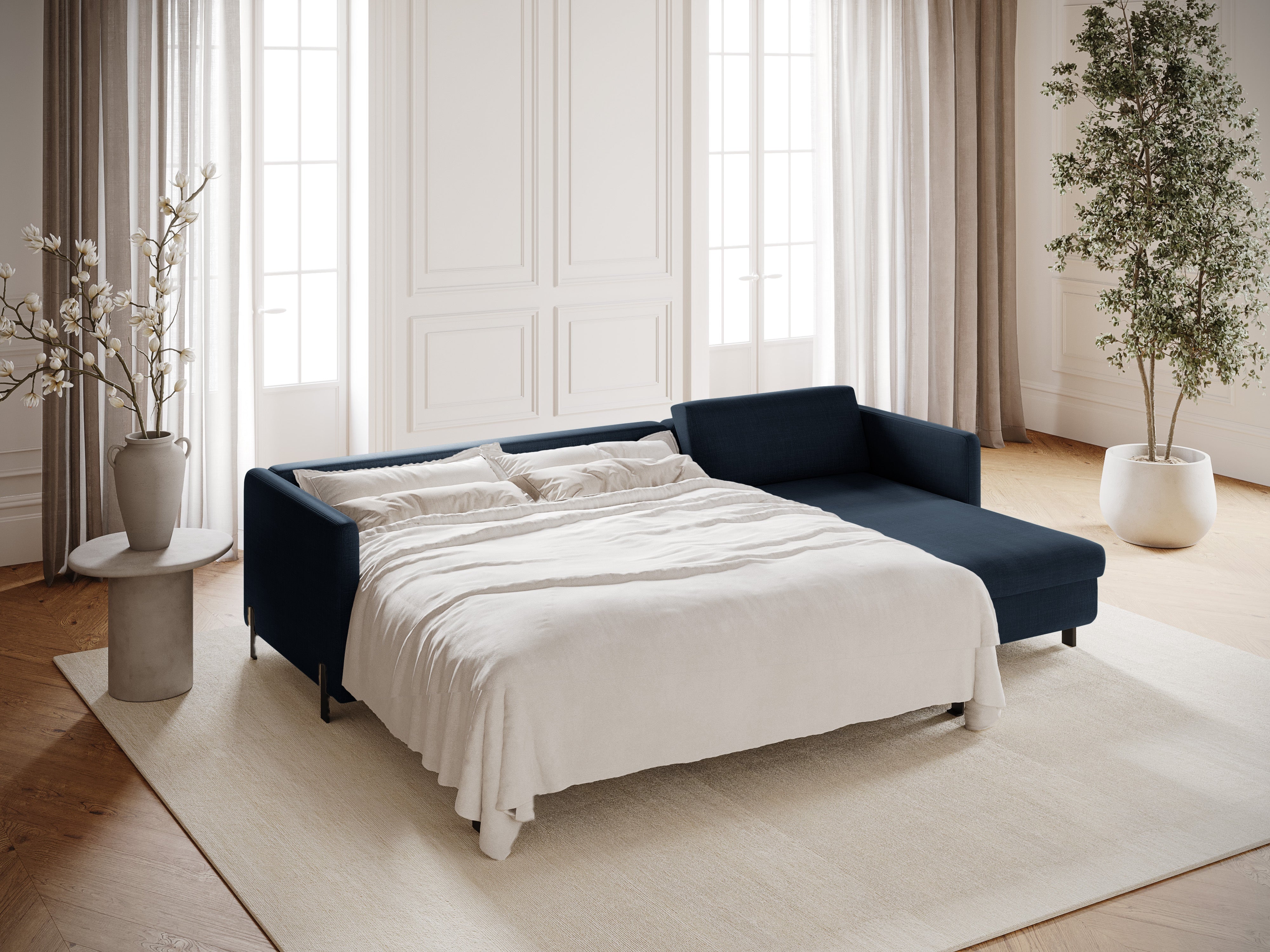 Rechtsseitige Schlafcouch GLORIA in blauer Chenille