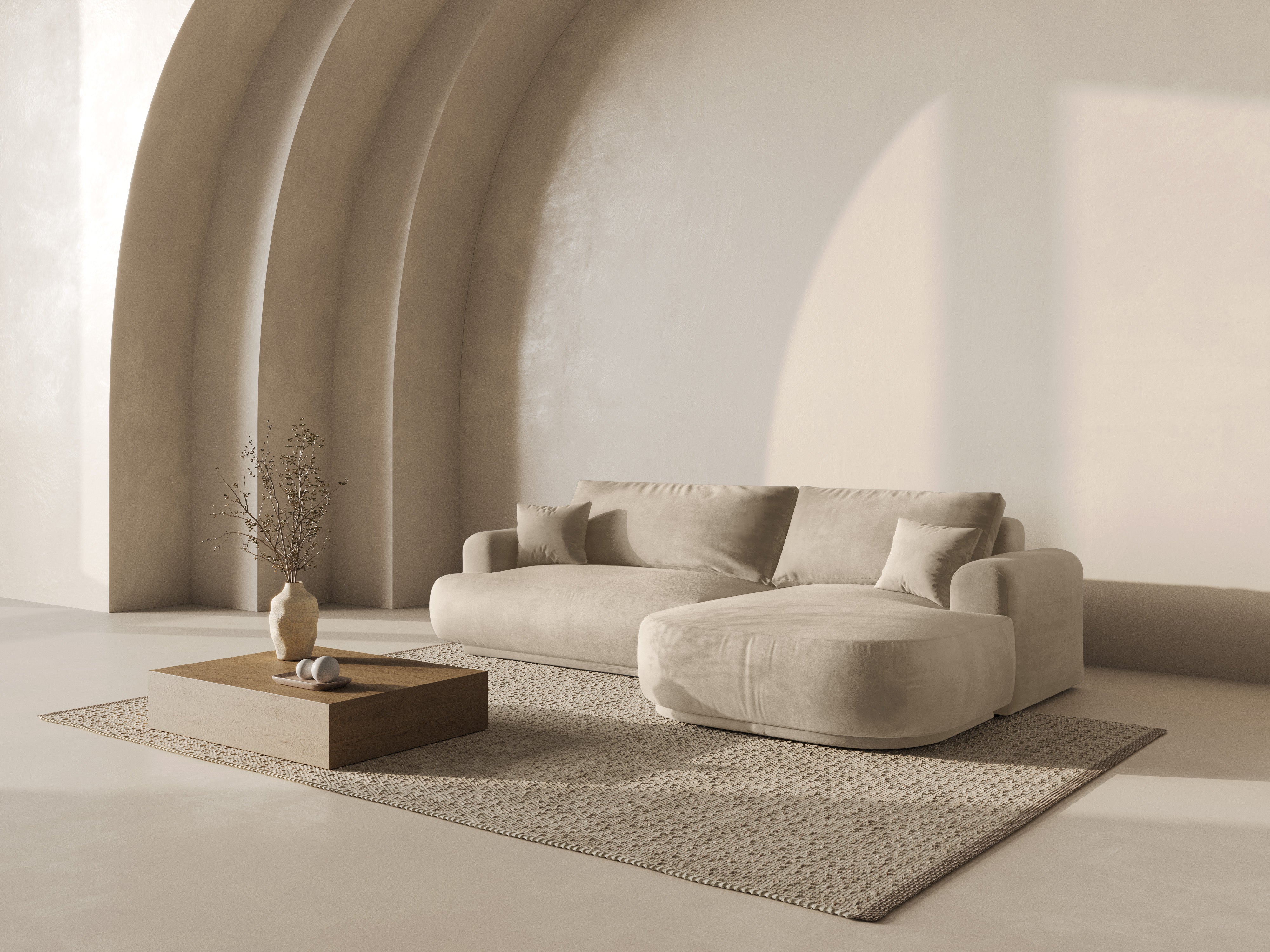 RECHTEN -SANDEL VELVET -Ecke mit Schlaffunktion Ella Light Beige