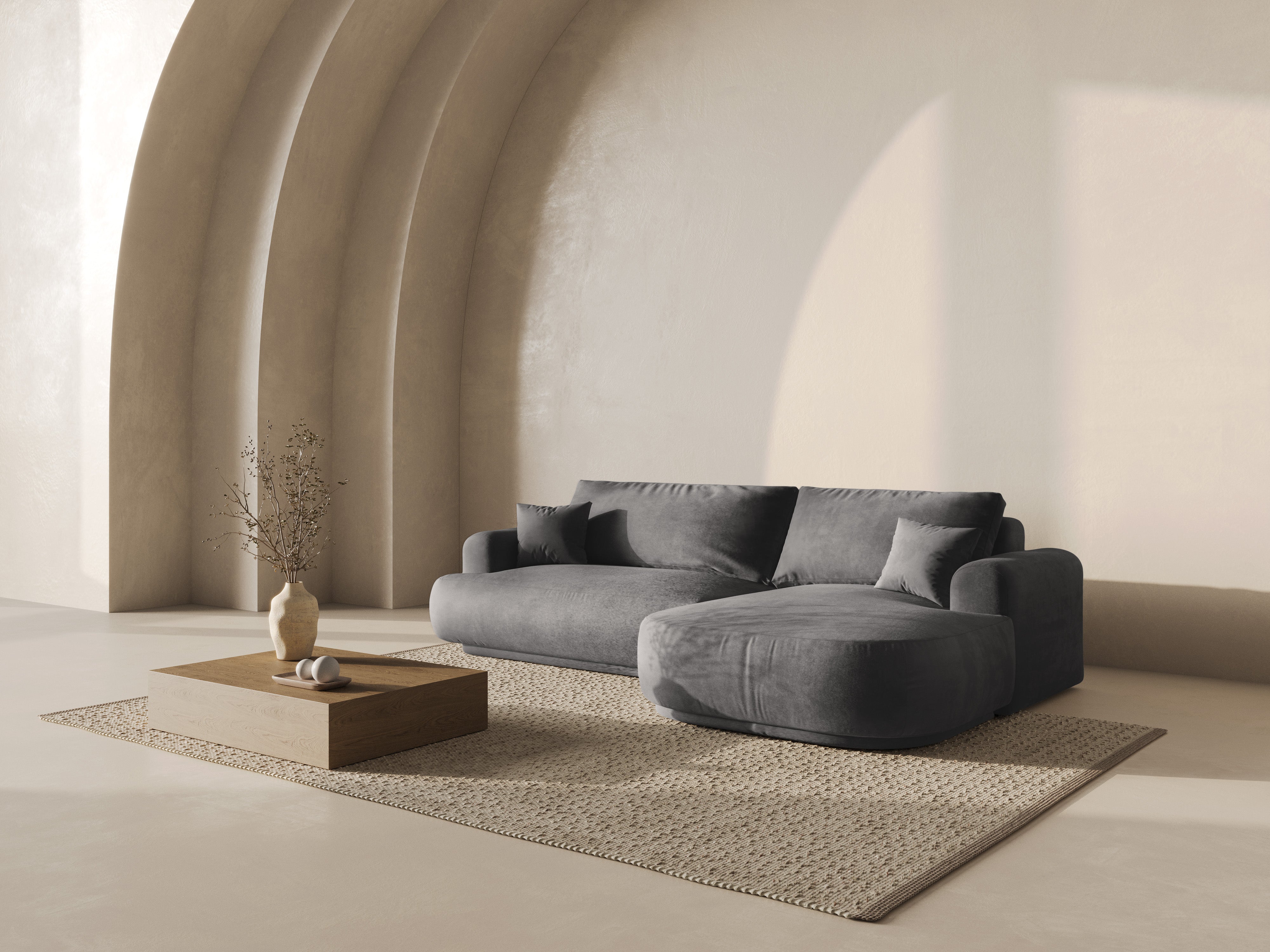 Rechthoekige fluwelen hoekbank met slaapfunctie ELLA grijs