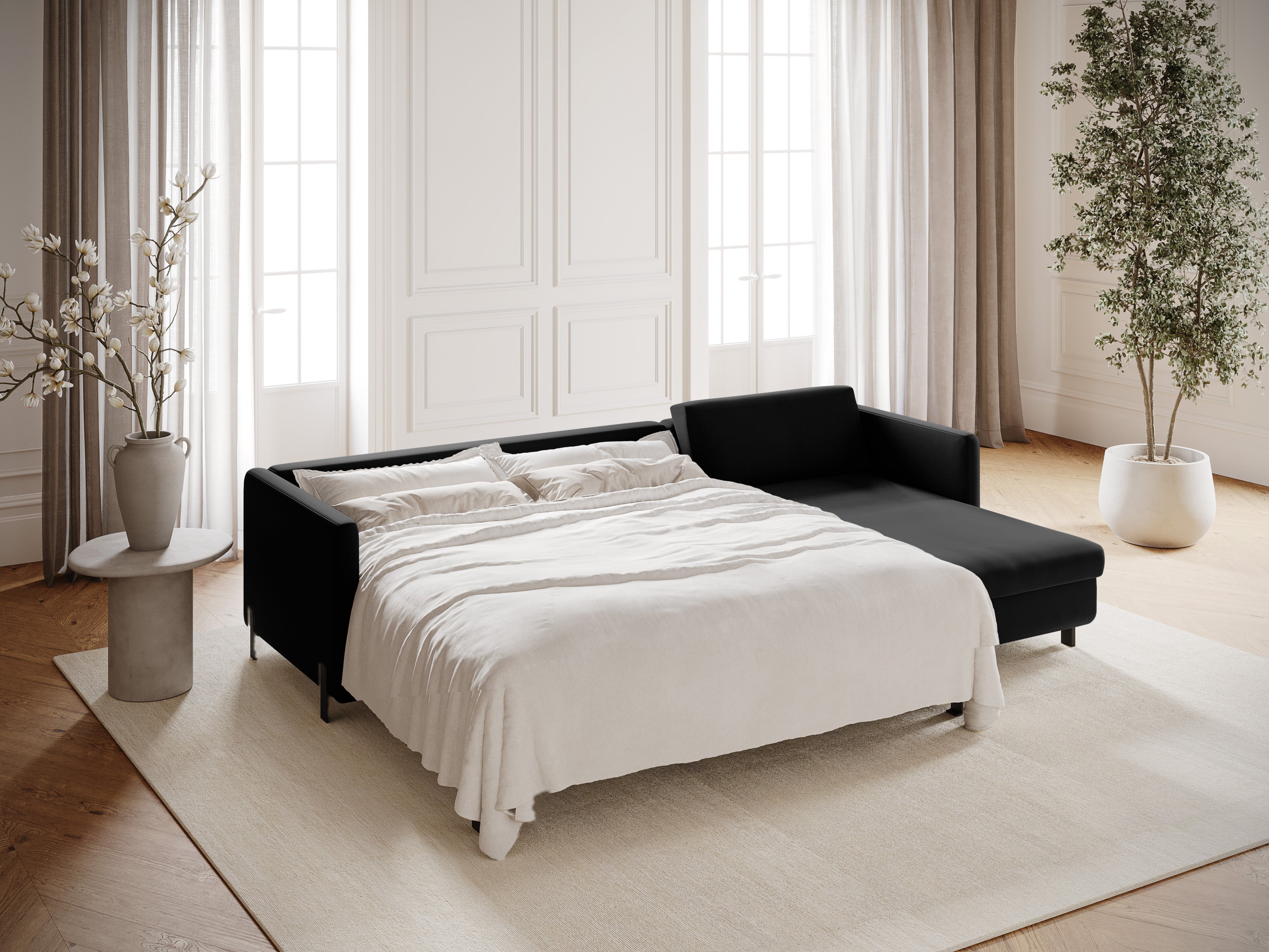 Zwarte rechtszijdige fluwelen hoekbank met slaapfunctie GLORIA