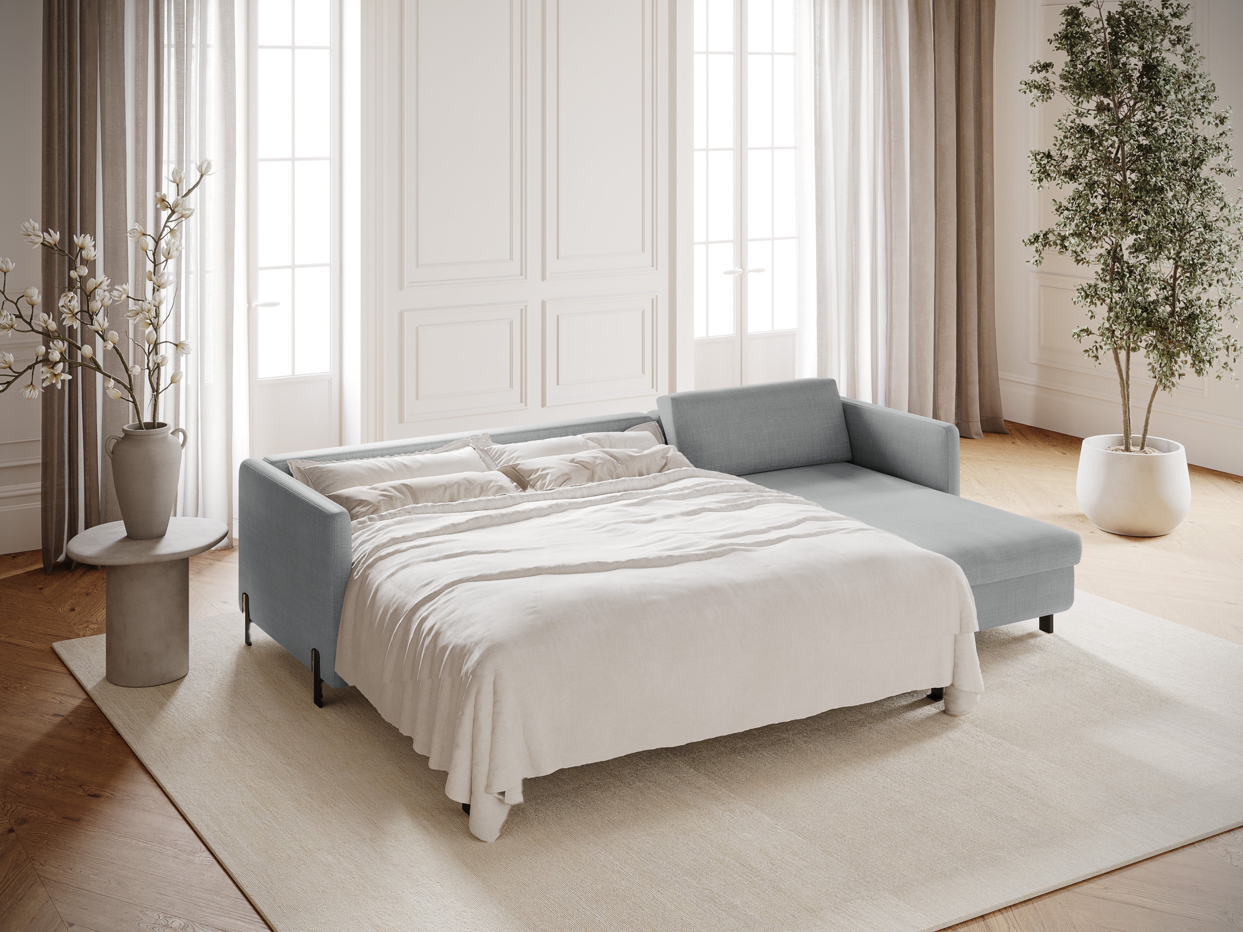 Rechtsseitige 4-Sitzer Schlafcouch GLORIA hellgraues Chenille