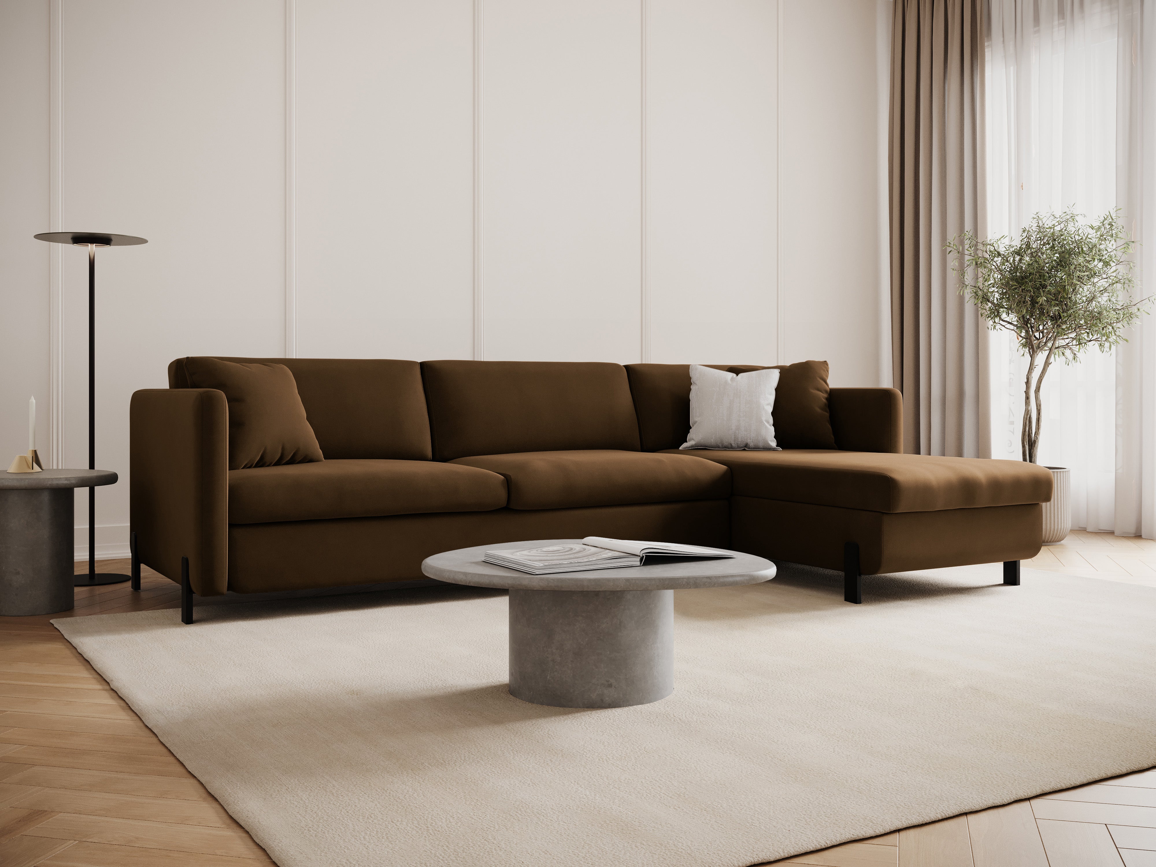 Chocoladekleurige 4-persoons rechtszijdige fluwelen hoekbank met slaapfunctie GLORIA