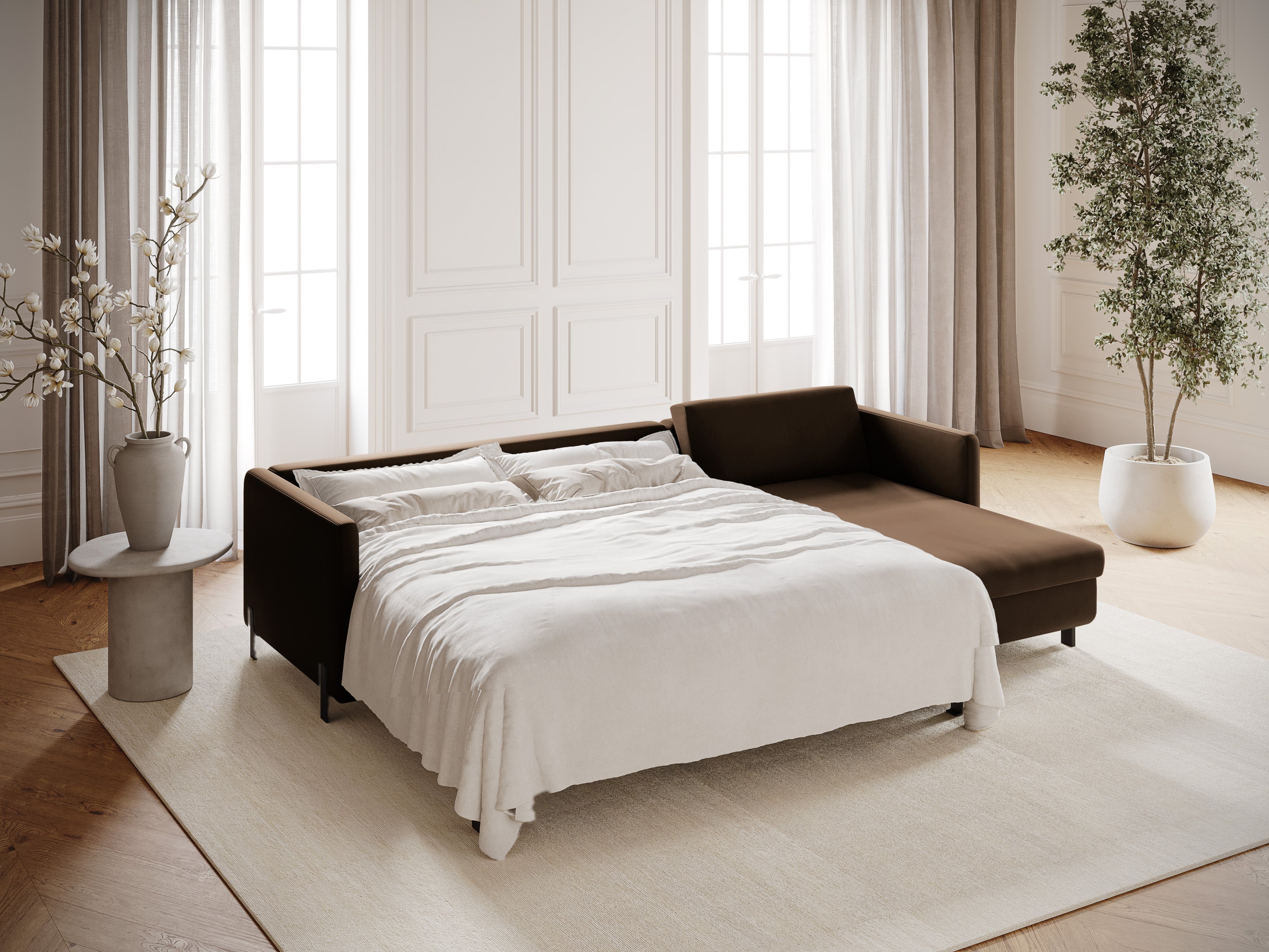 Samt-Ecksofa rechtsseitig für 4 Personen mit Schlaf-Funktion GLORIA schokoladenbraun