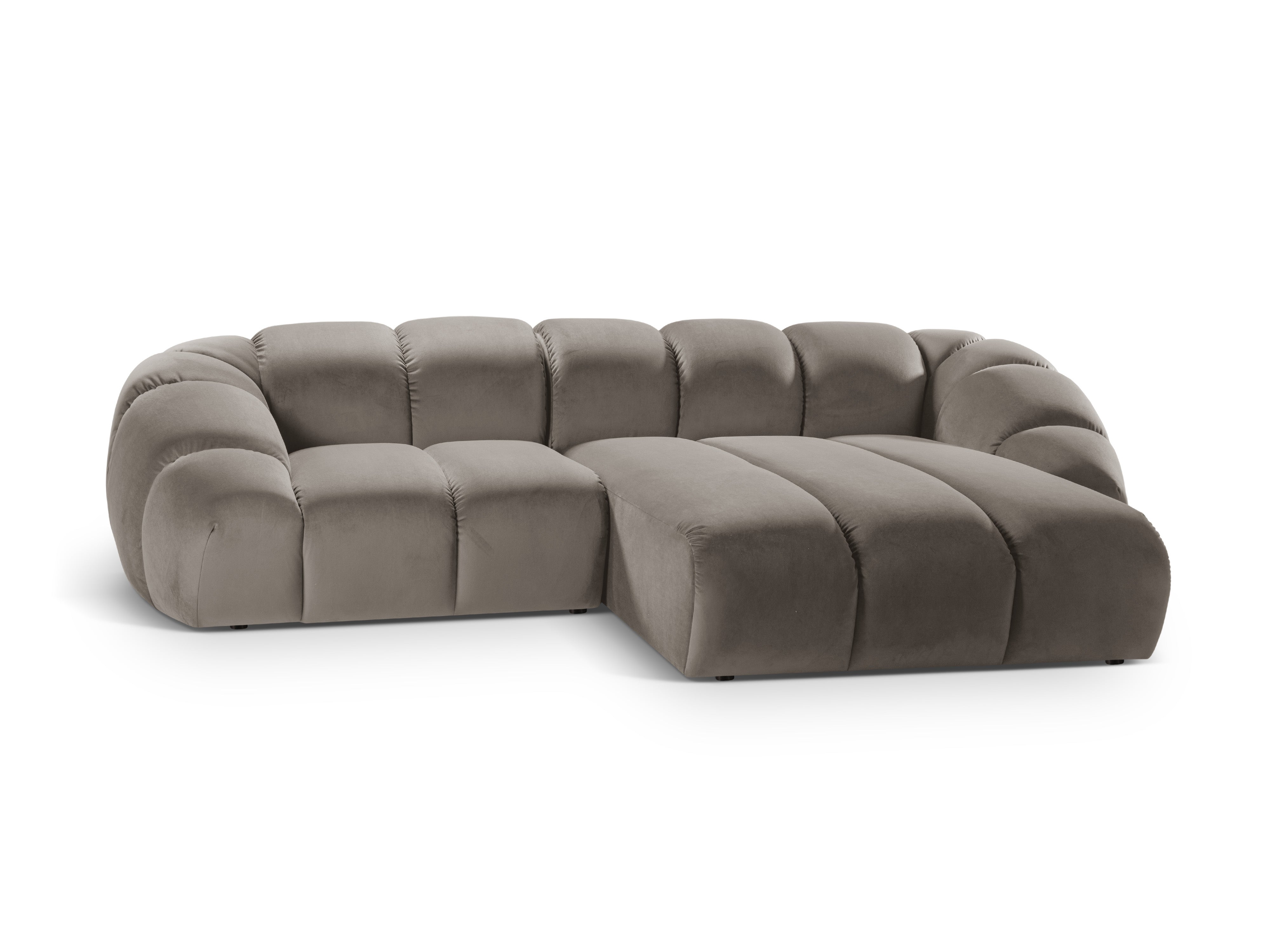 Velvet corner sofa for three people, right-facing, DIANA in gray-beige