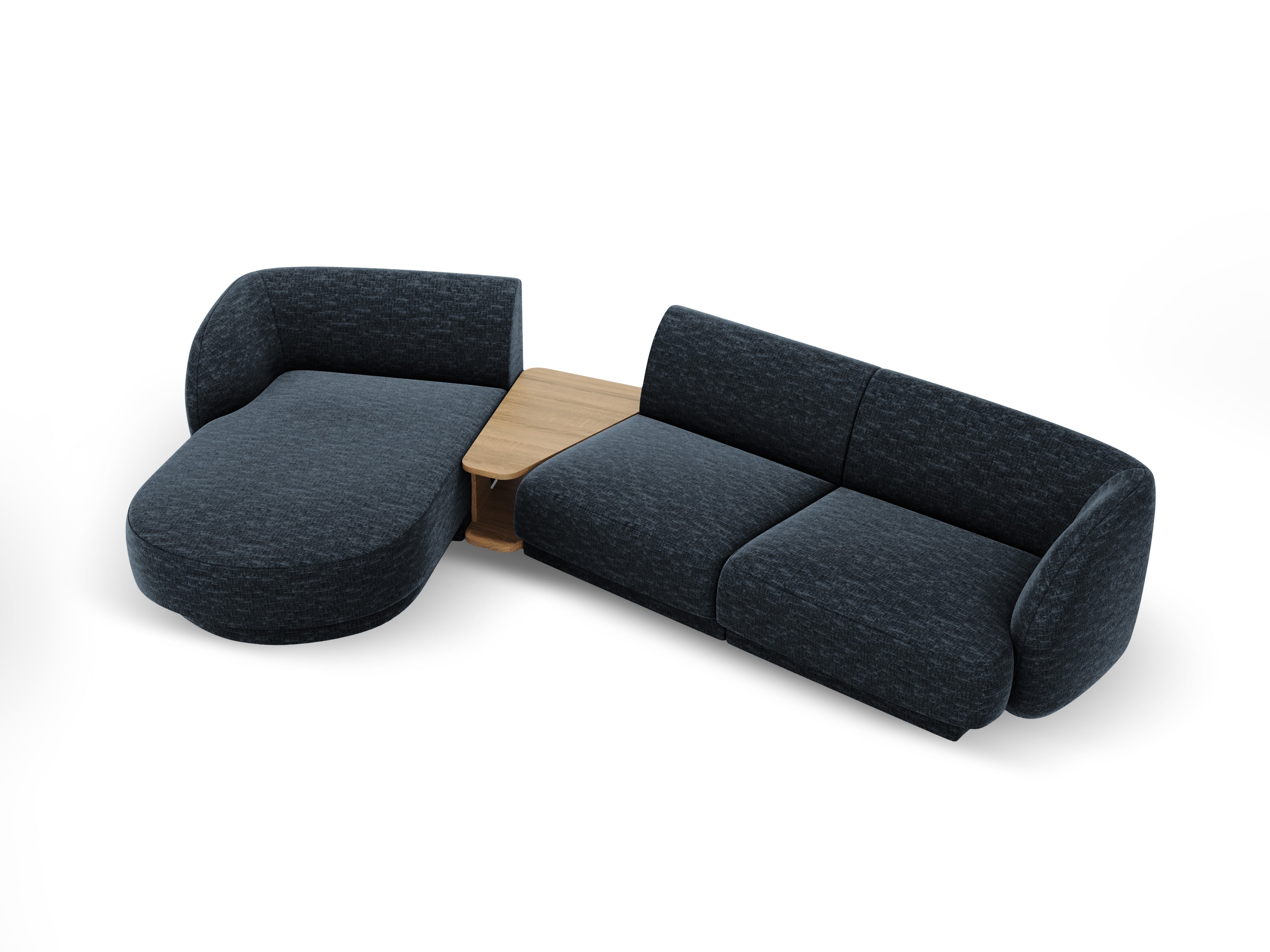 Modular corner sofa with table 3-seater left-sided MILEY royal blue silky chenille