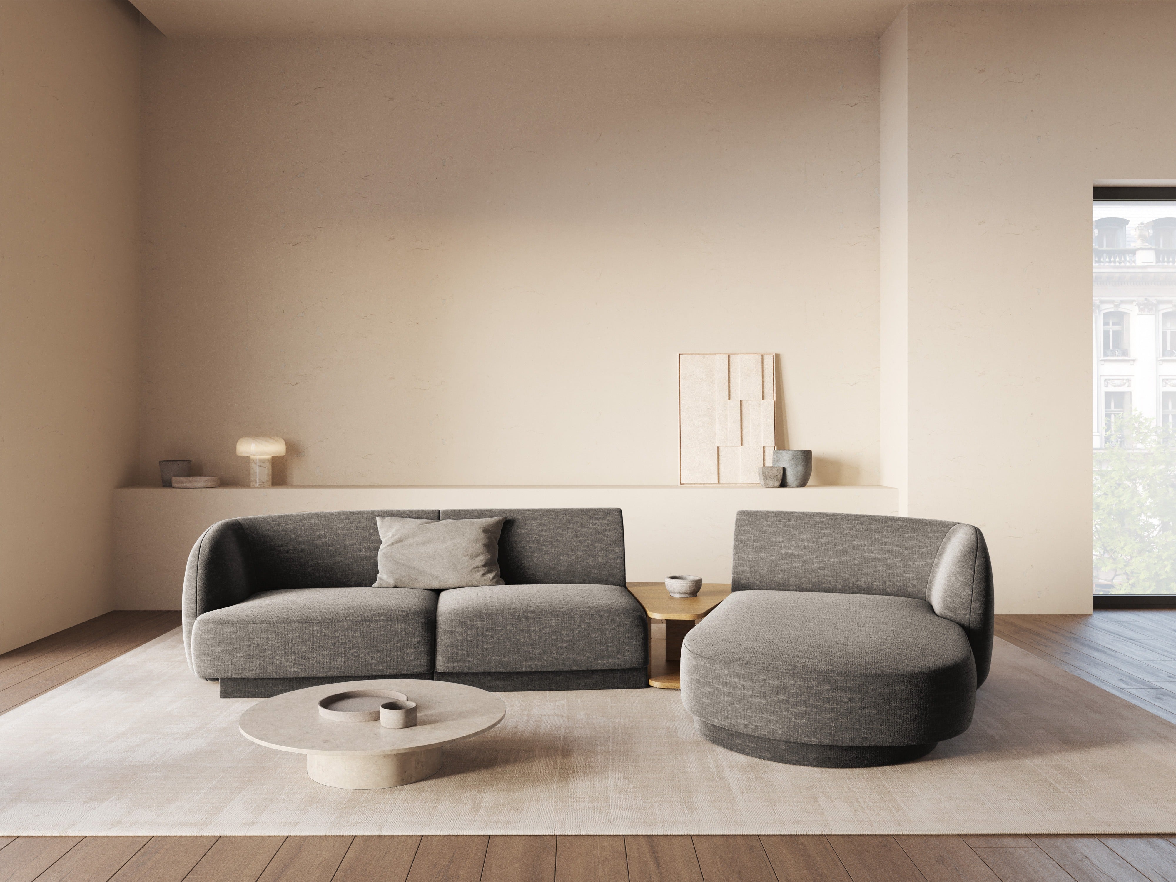 Modulares Ecksofa mit Tisch, 3-Sitzer, rechtsseitig, MILEY, graues Chenille, seidig