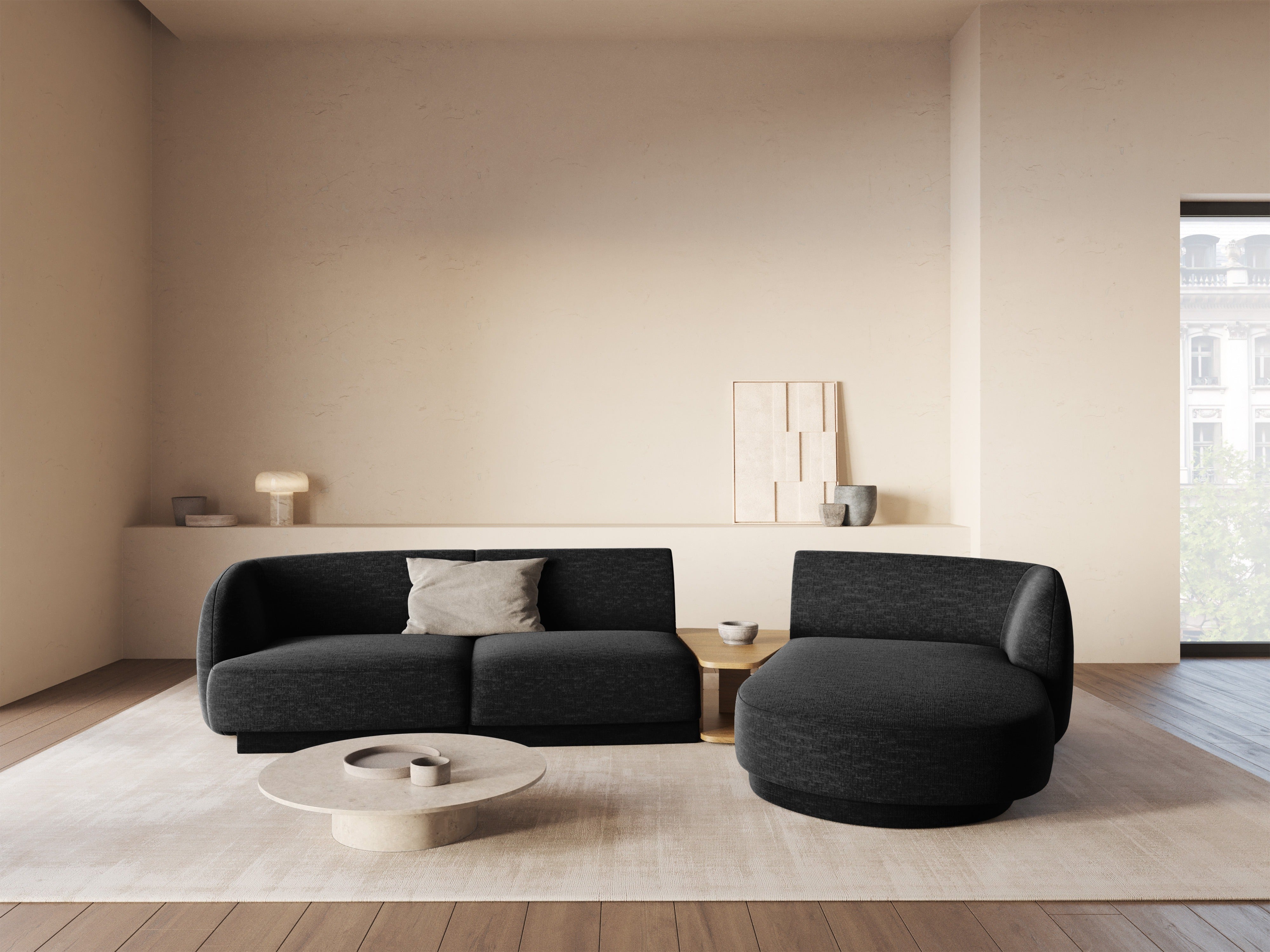 Modulares Ecksofa mit Tisch 3-sitzig links MILEY schwarz Boucle