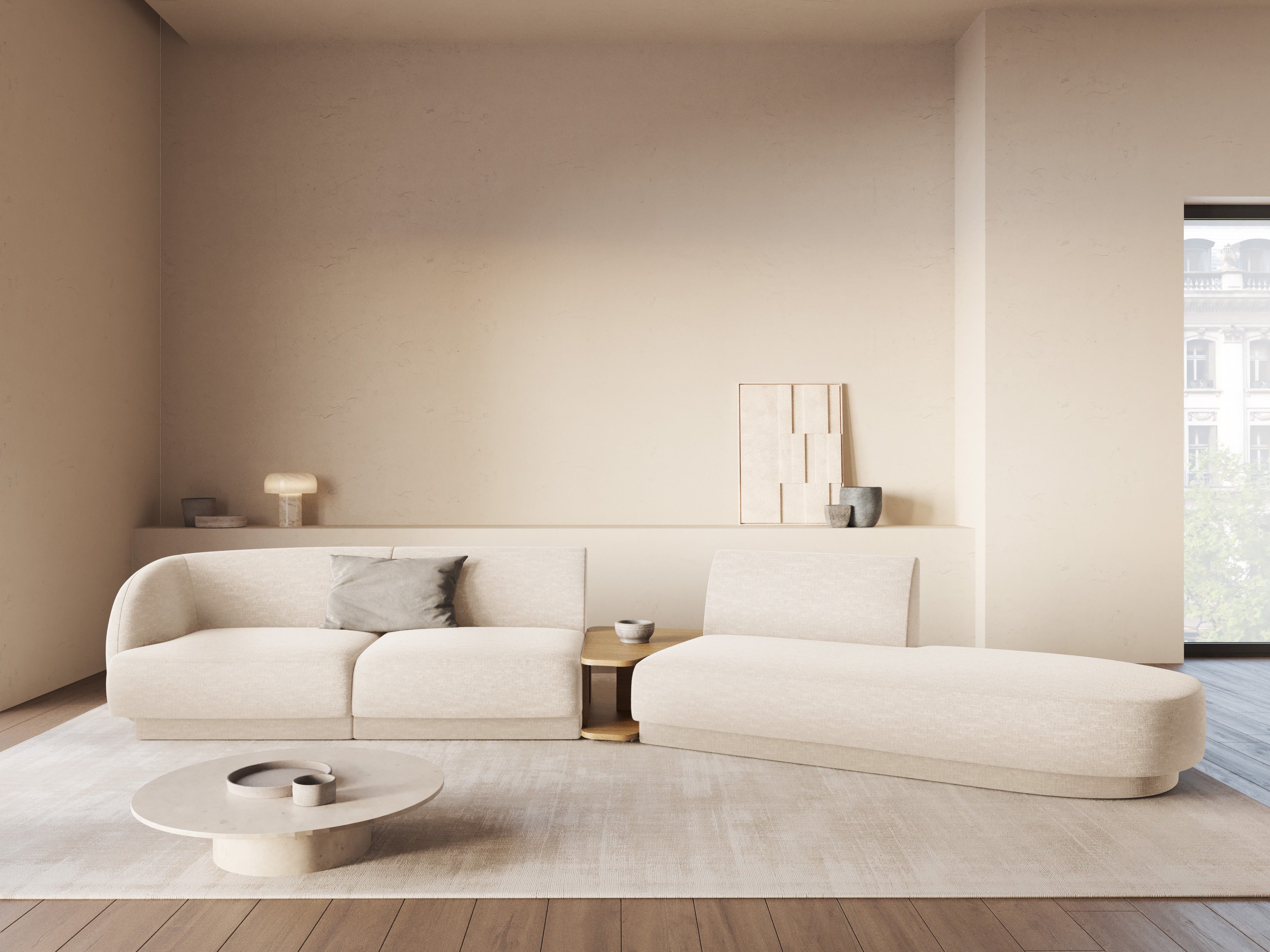 Modulaire bank rechts met tafel voor 4 personen MILEY lichtbeige chenille zijdeachtig