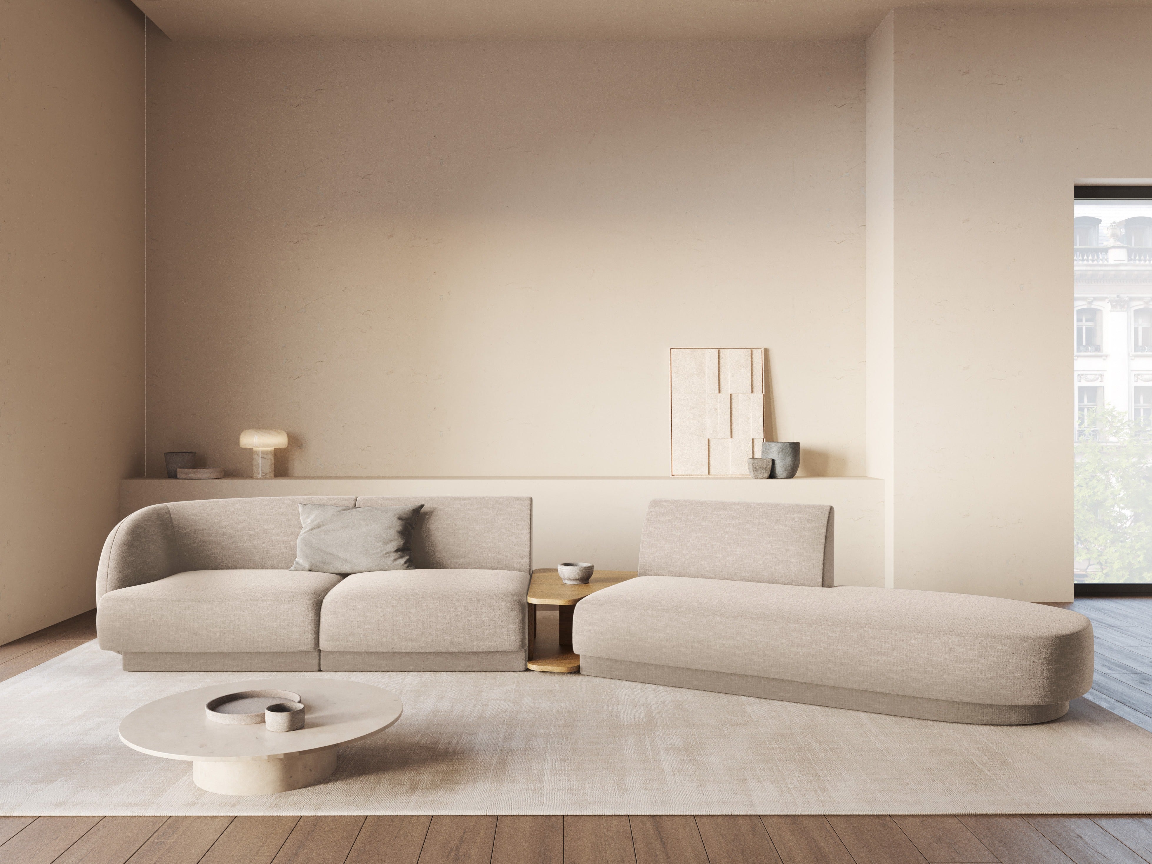 Modulaire bank met rechtszijdige armleuning en tafel voor 4 personen MILEY beige chenille zijdeachtig