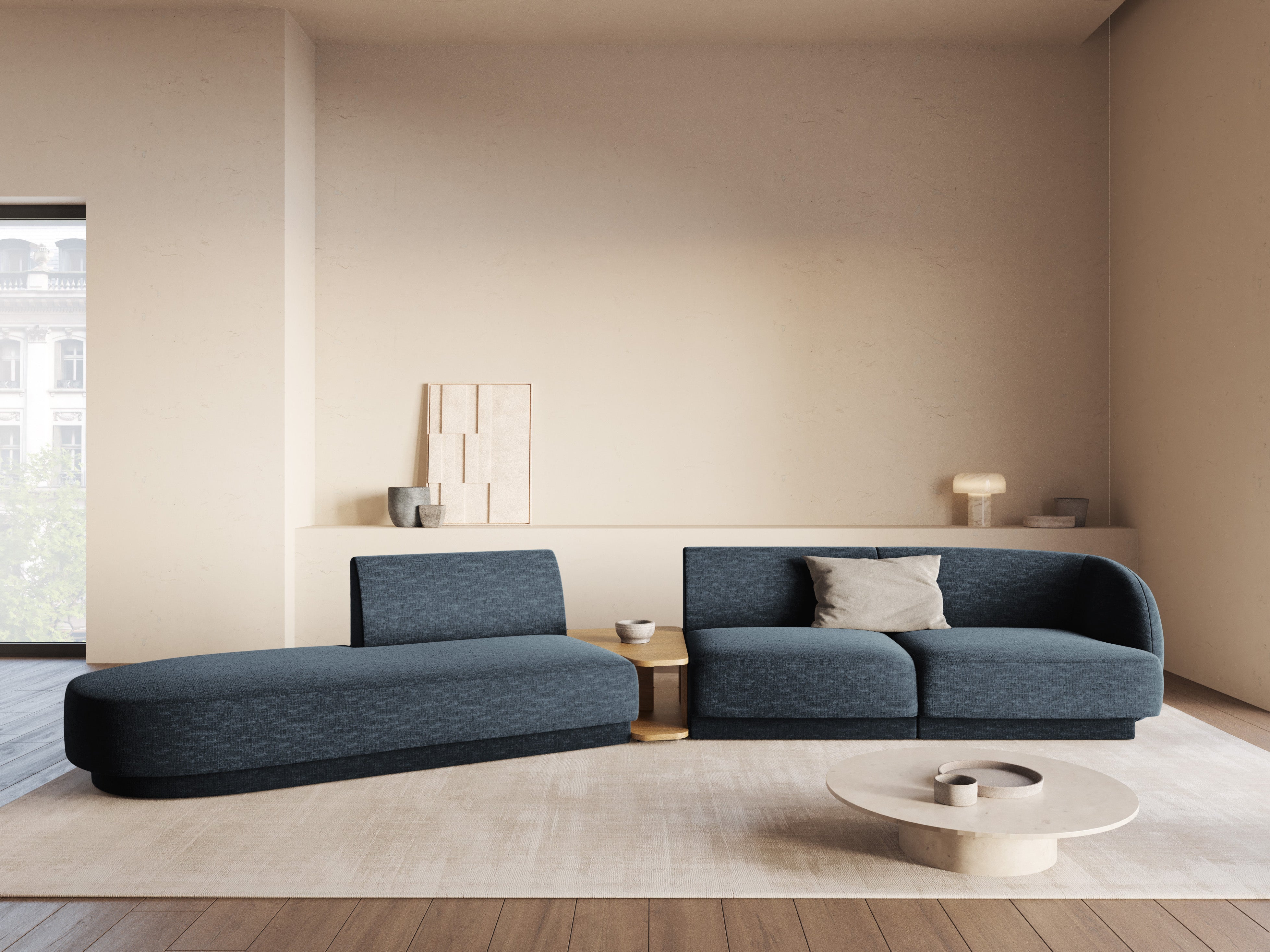 Modulaire linkerbank met tafel voor 4 personen MILEY koninklijk blauw chenille zijdeachtig