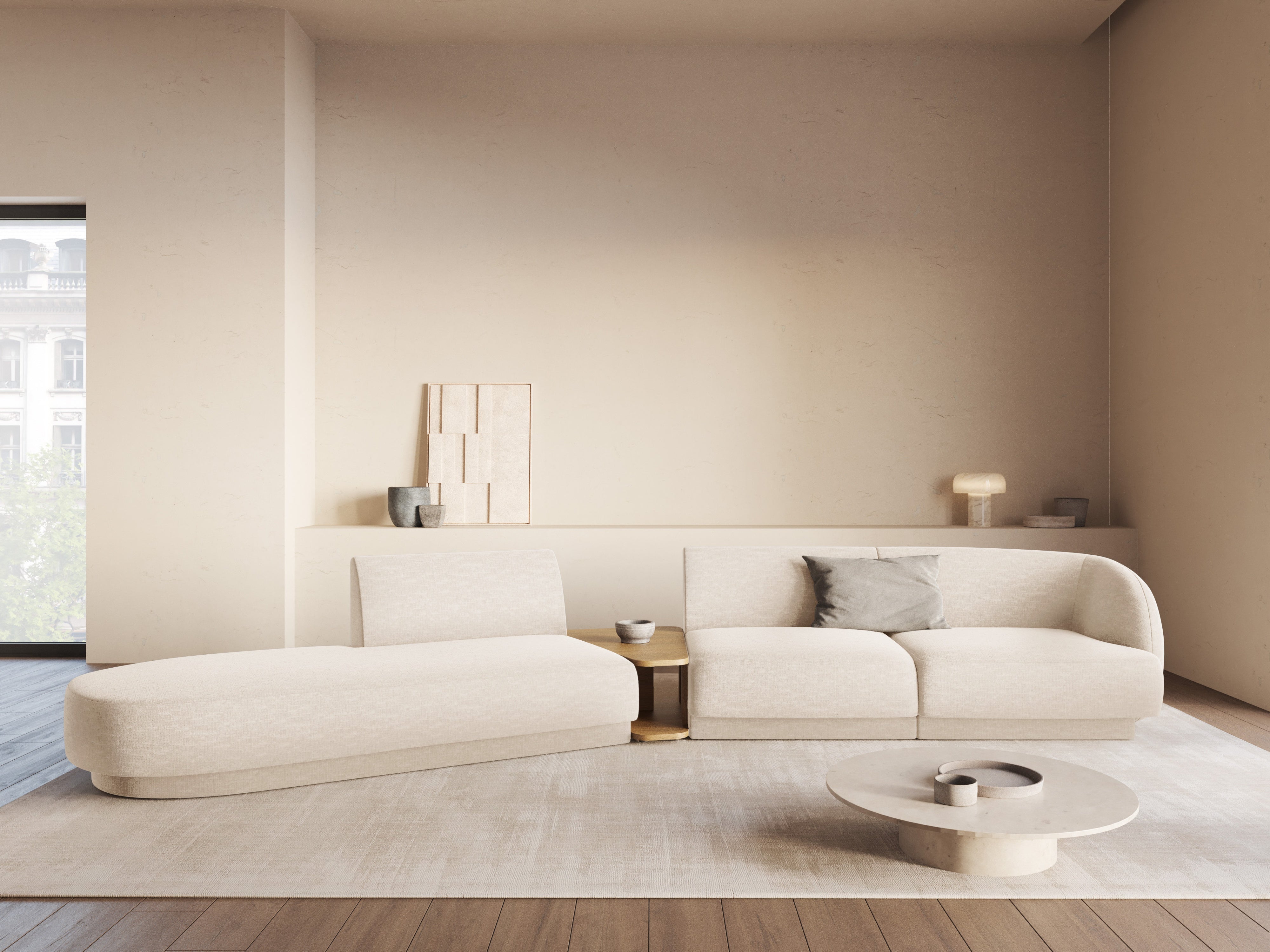 Modulaire linker bank met tafel voor 4 personen MILEY ivoorkleurig chenille