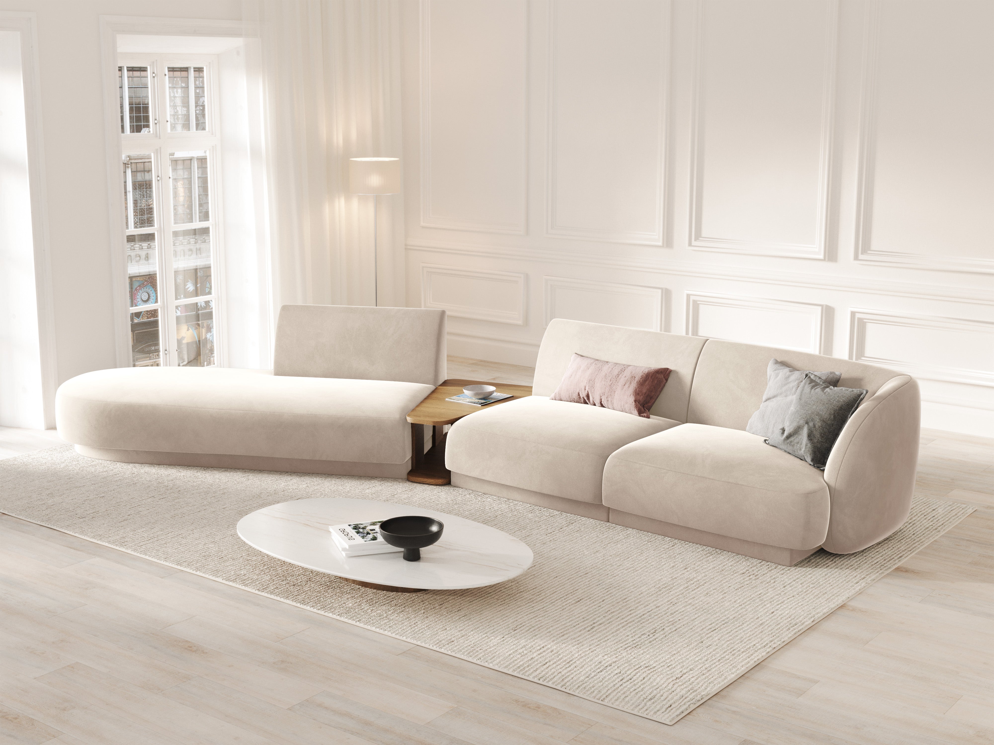 Modulares Sofa links mit Tisch, 4-Sitzer, samtig, MILEY, hellbeige