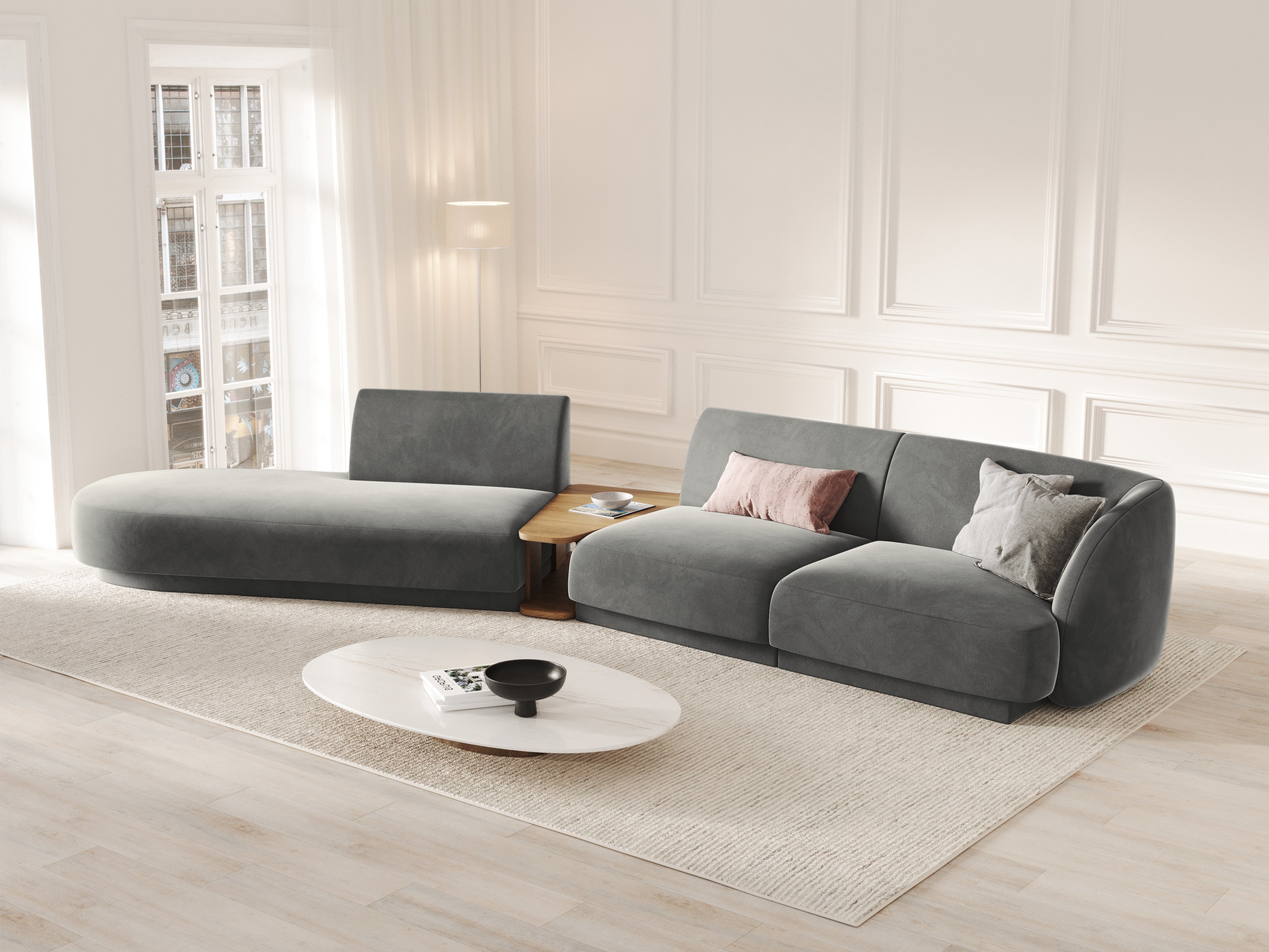Modulares Sofa links mit Tisch, 4-sitzig, samt MILEY, hellgrau