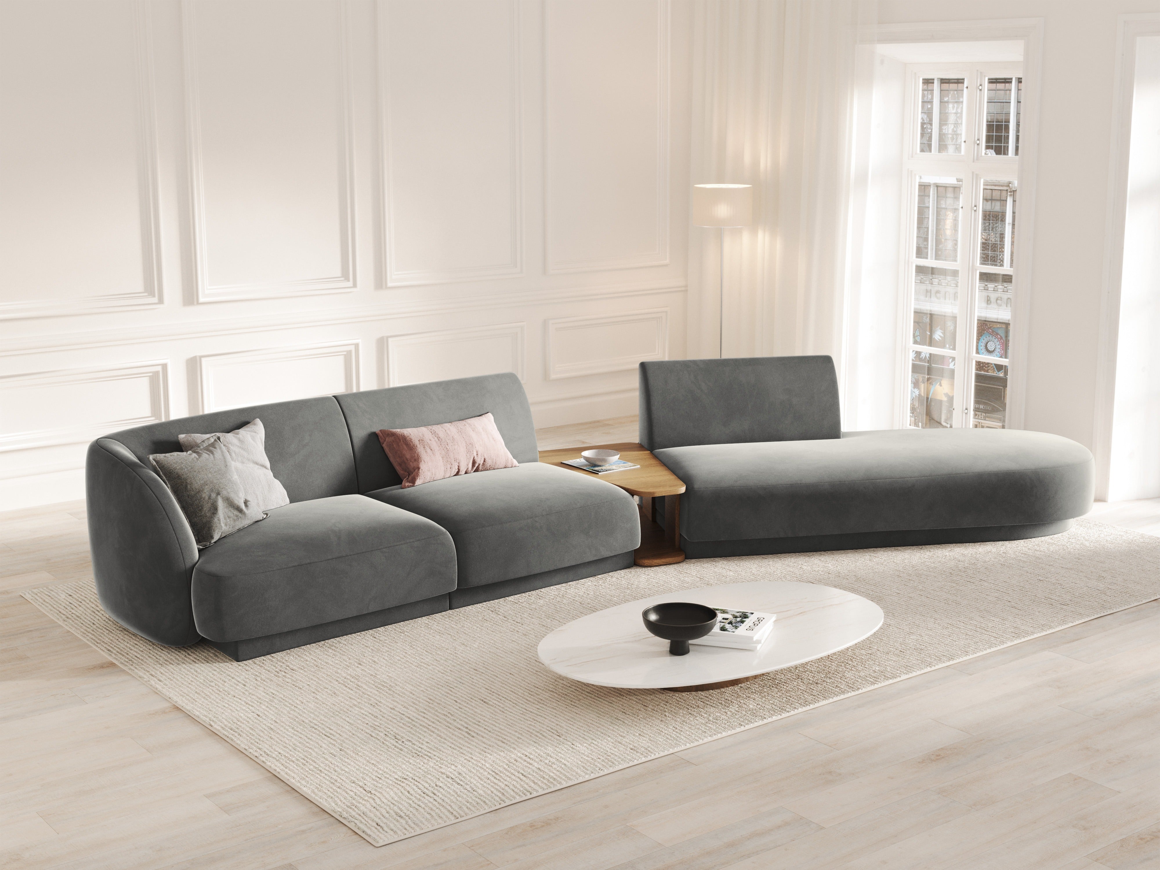 Right-facing modular sofa with table for 4 people in light gray velvet MILEY