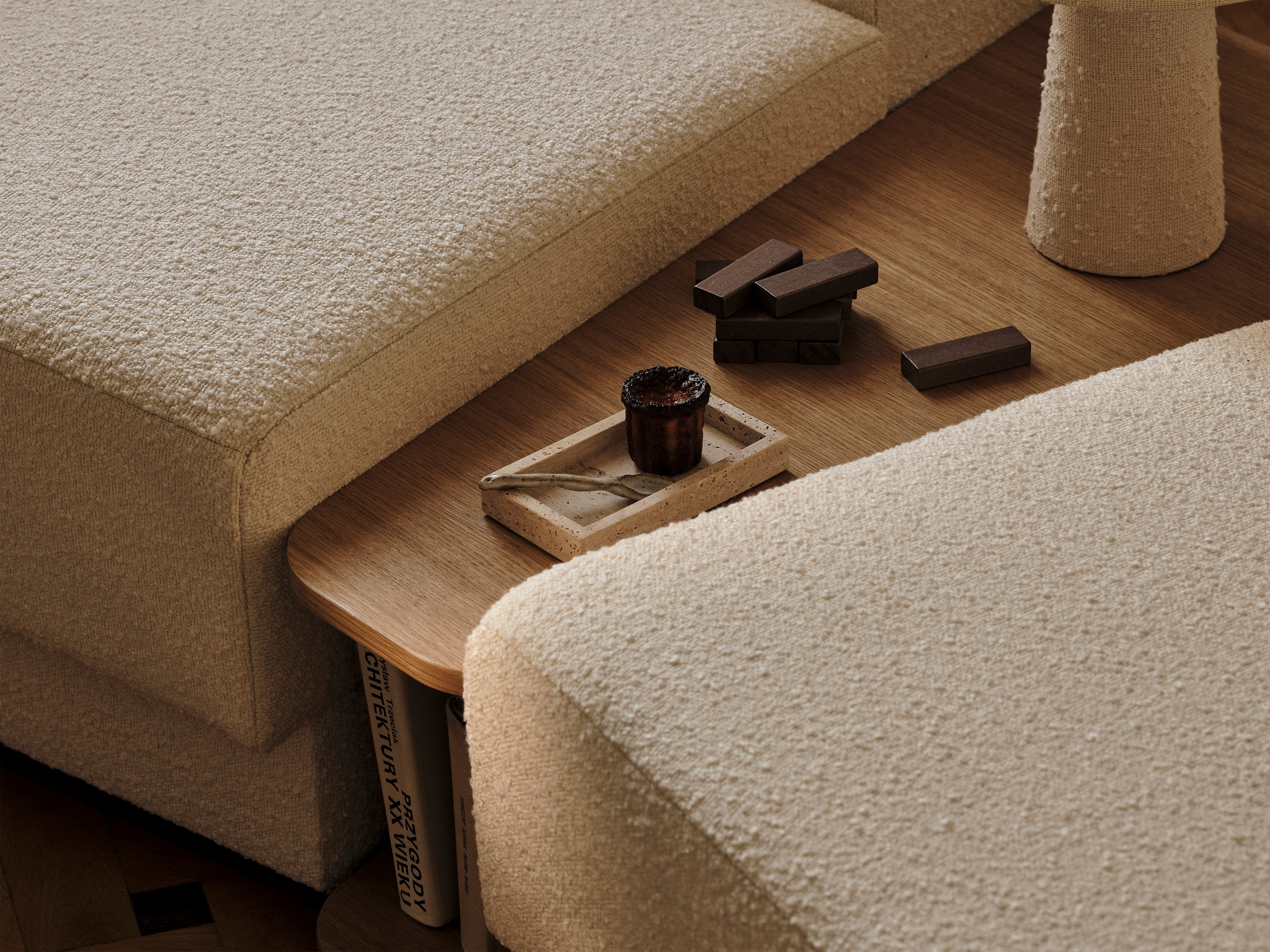 Left-sided modular sofa with table for 4 people MILEY black boucle