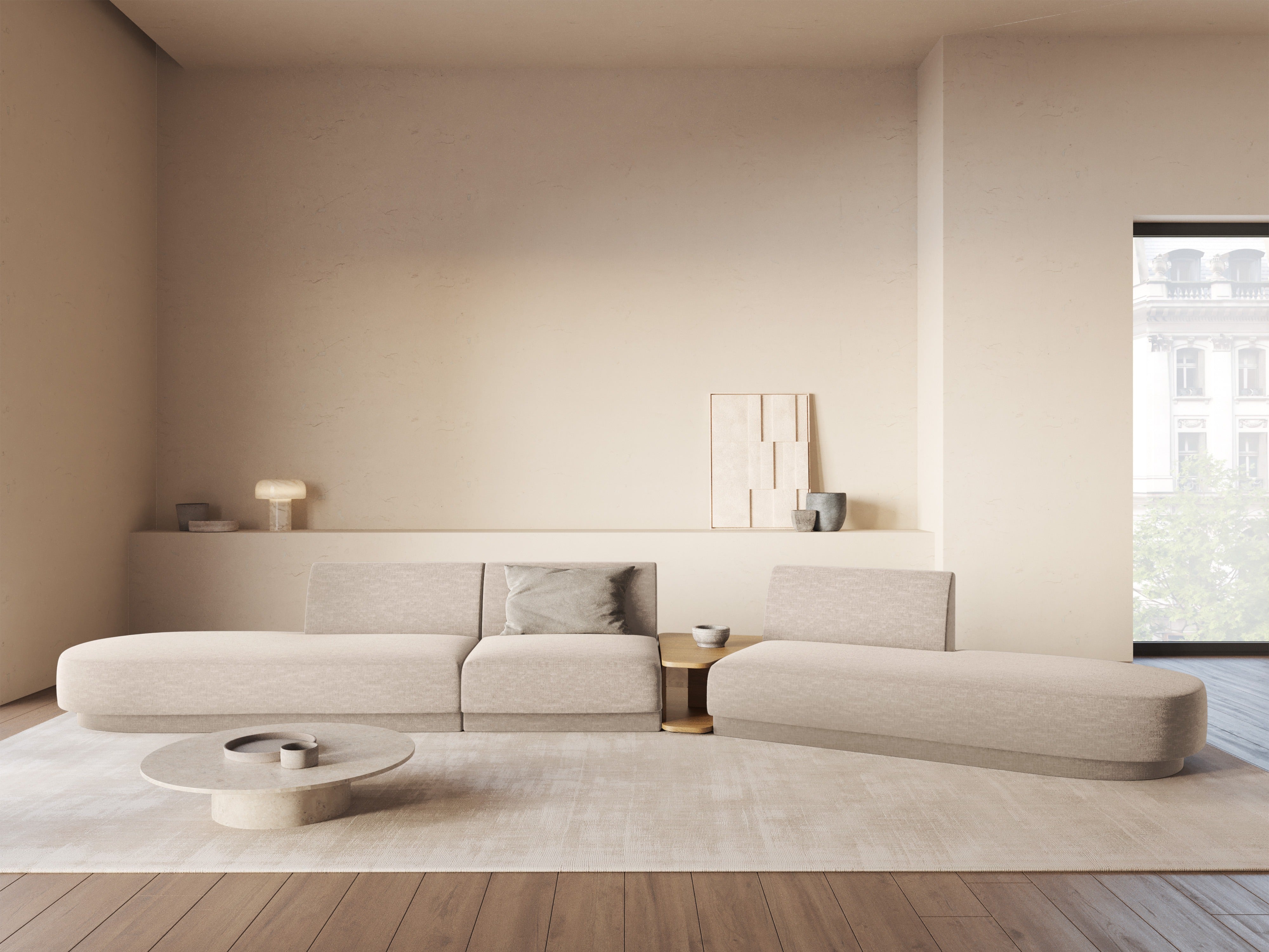 Right-facing modular sofa with table for 5 people MILEY beige silky chenille