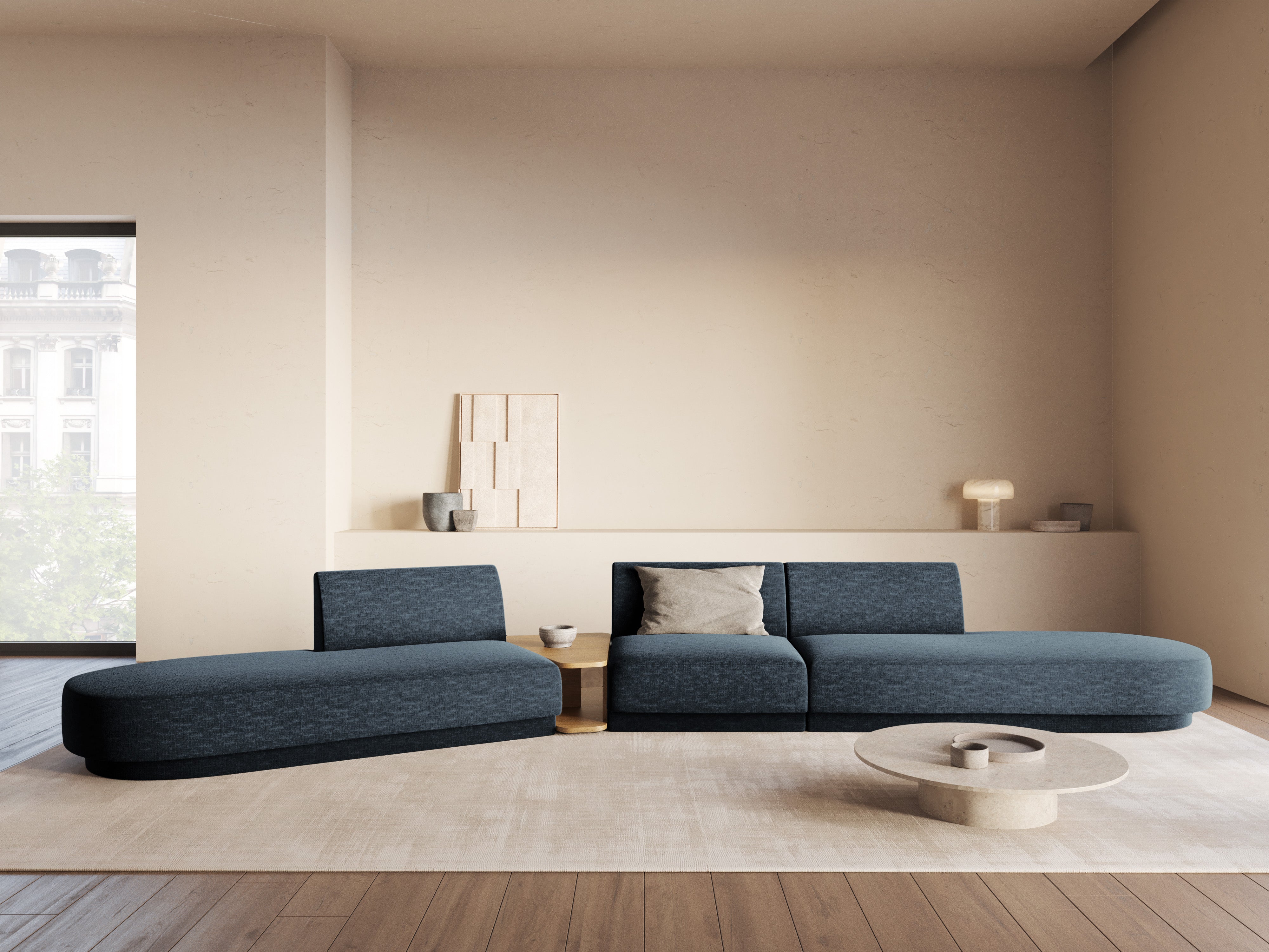 Modulaire linkerbank met tafel voor 5 personen MILEY koninklijk blauw chenille zijdeachtig