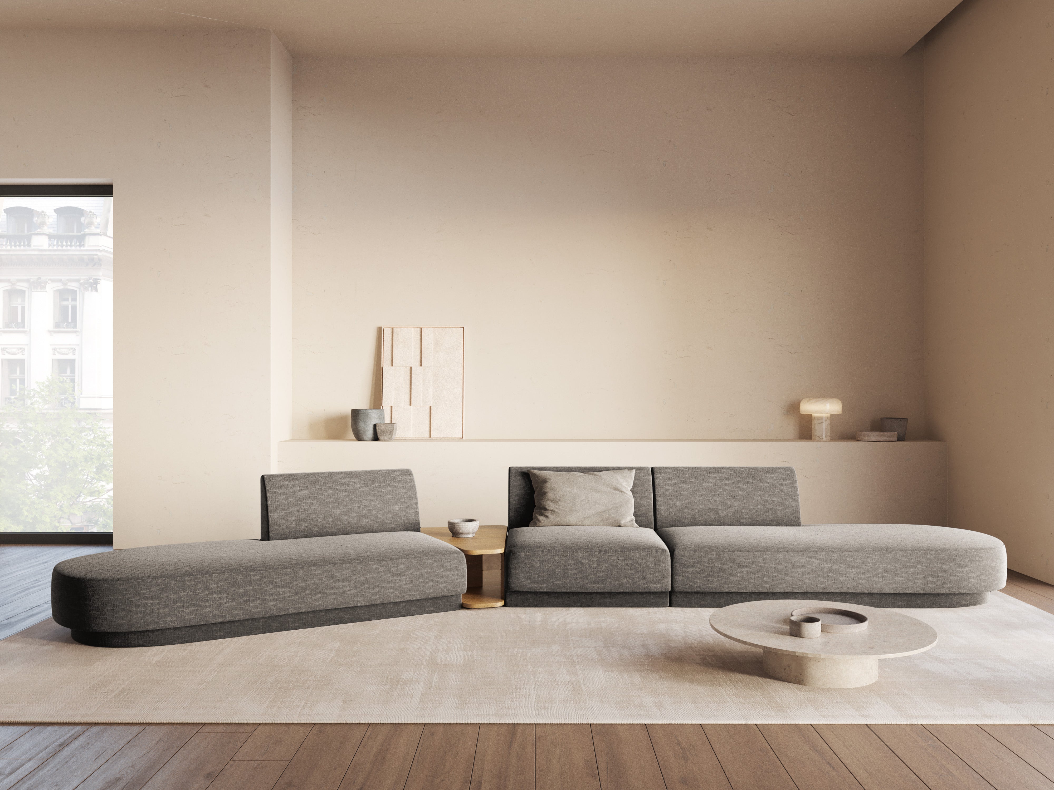 Left-sided modular sofa with table for 5 people MILEY gray silky chenille