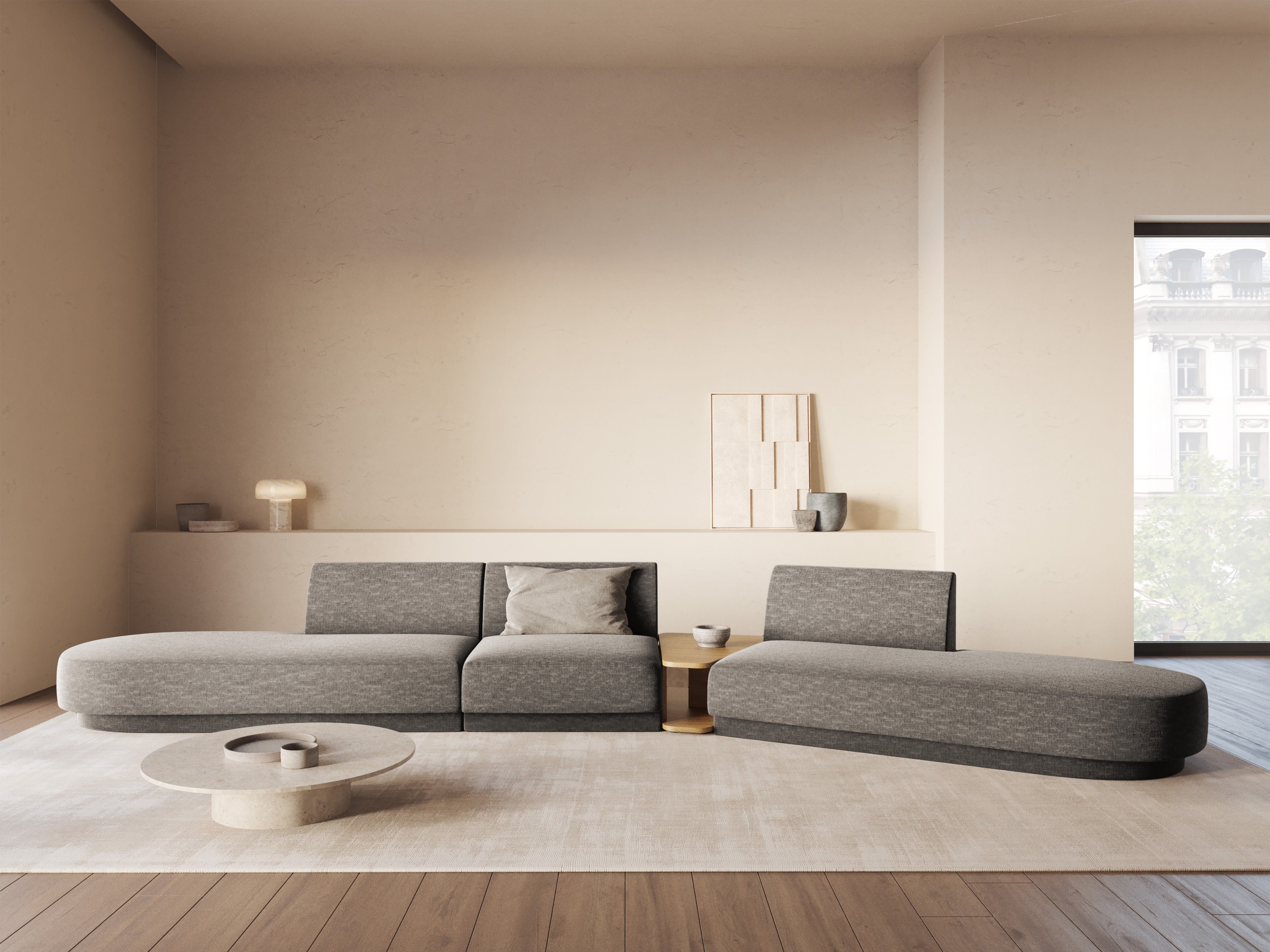 Right-facing modular sofa with table for 5 people MILEY gray silky chenille